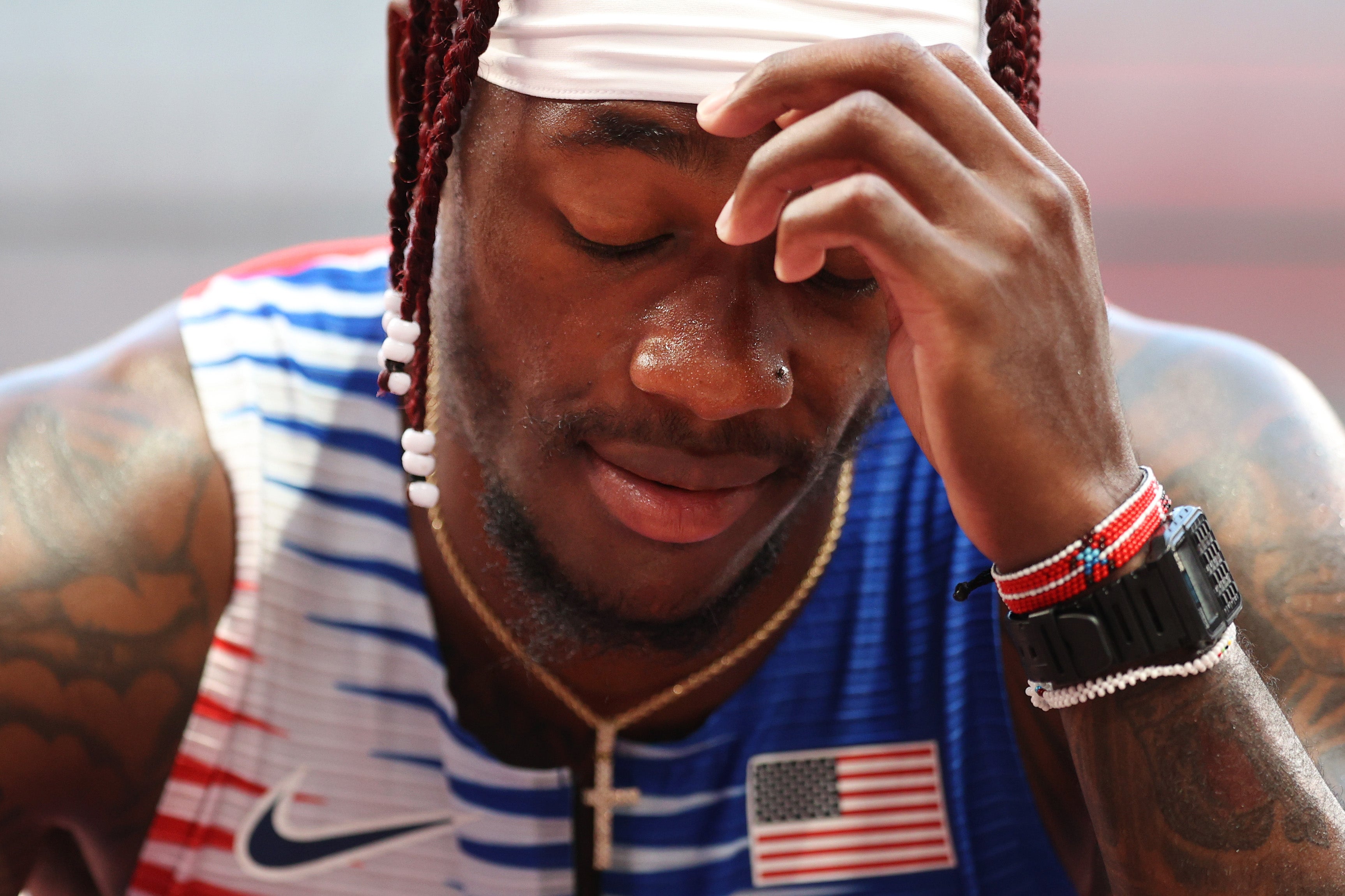 Cravon Gillespie of Team United States reacts after coming in sixth in round one