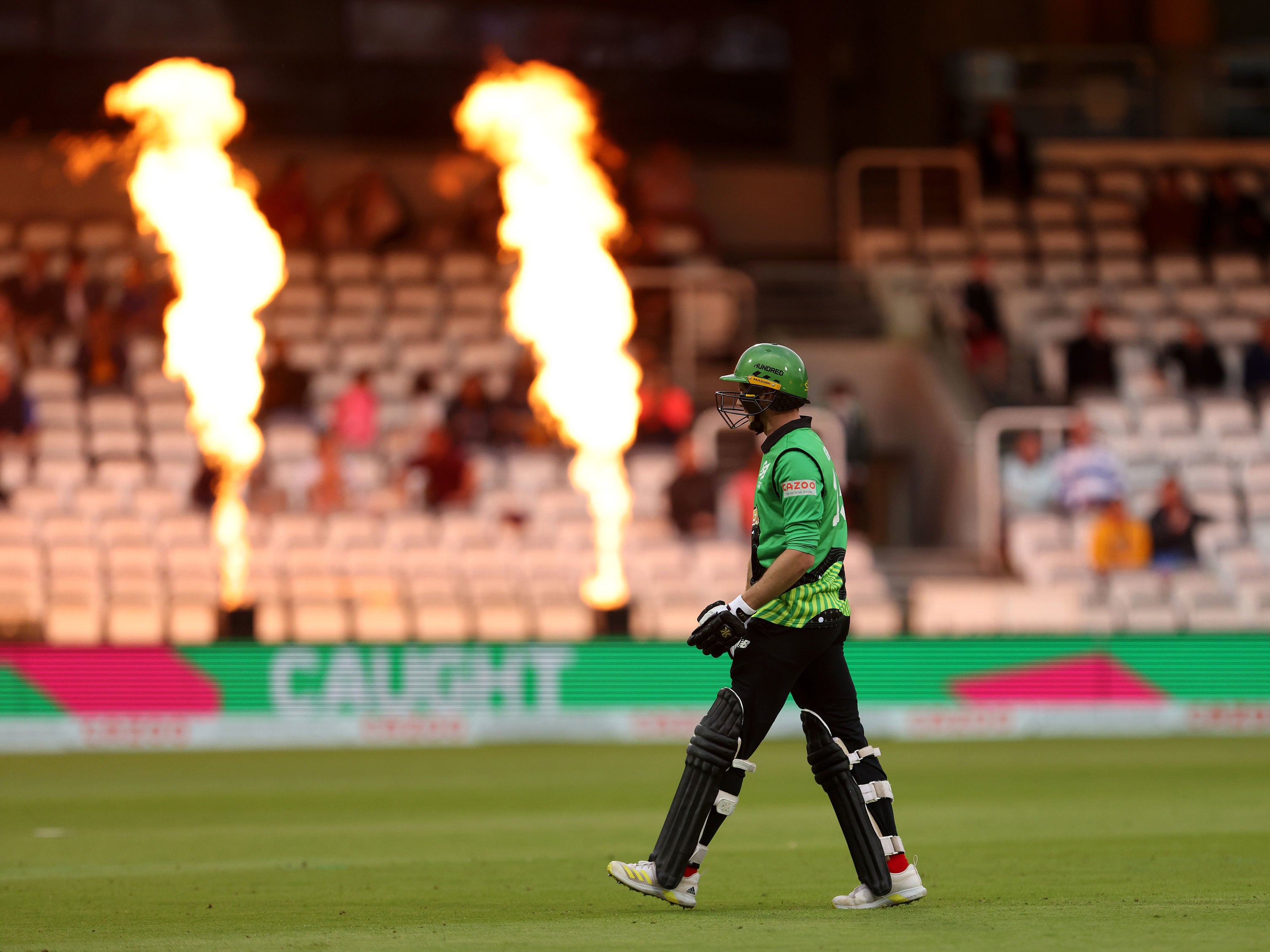 Southern Brave’s George Garton walks off the field after being caught by London Spirit's Joe Denly