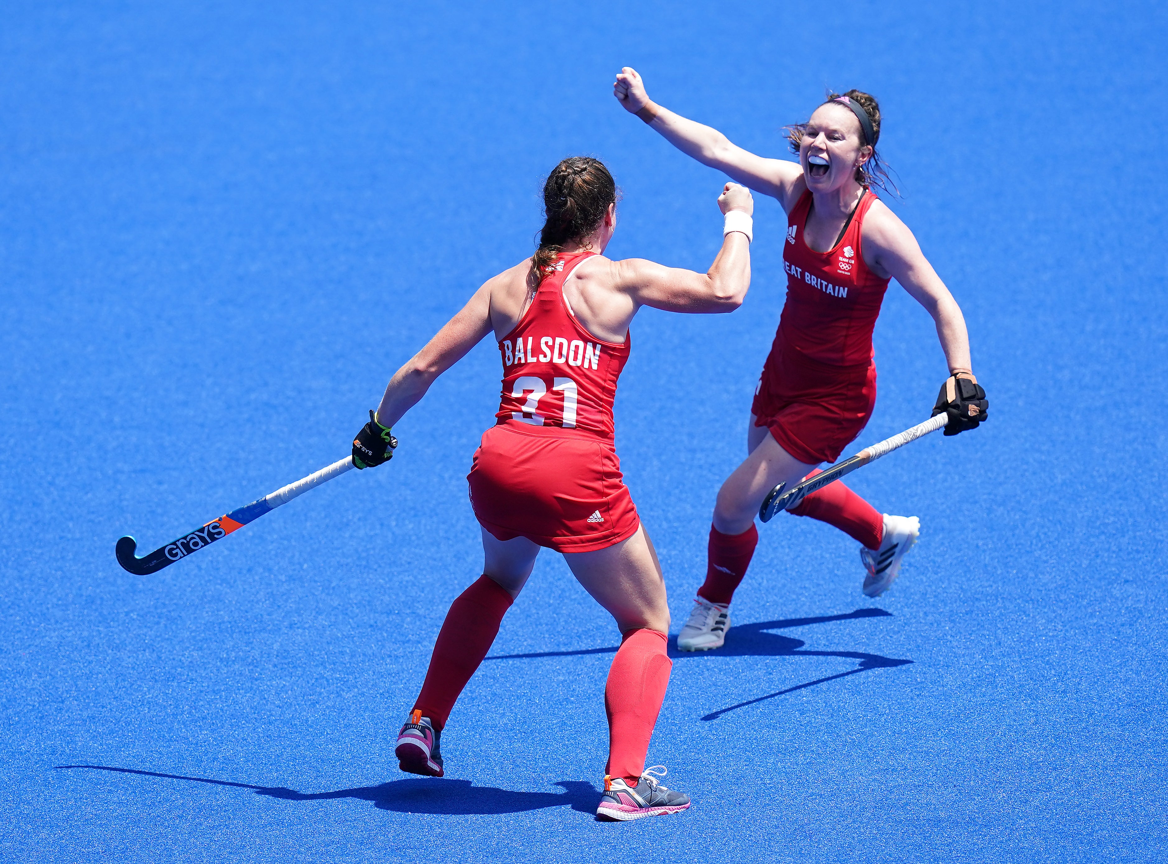 Grace Balsdon (left) celebrates after scoring the winning goal against India (Adam Davy/PA)