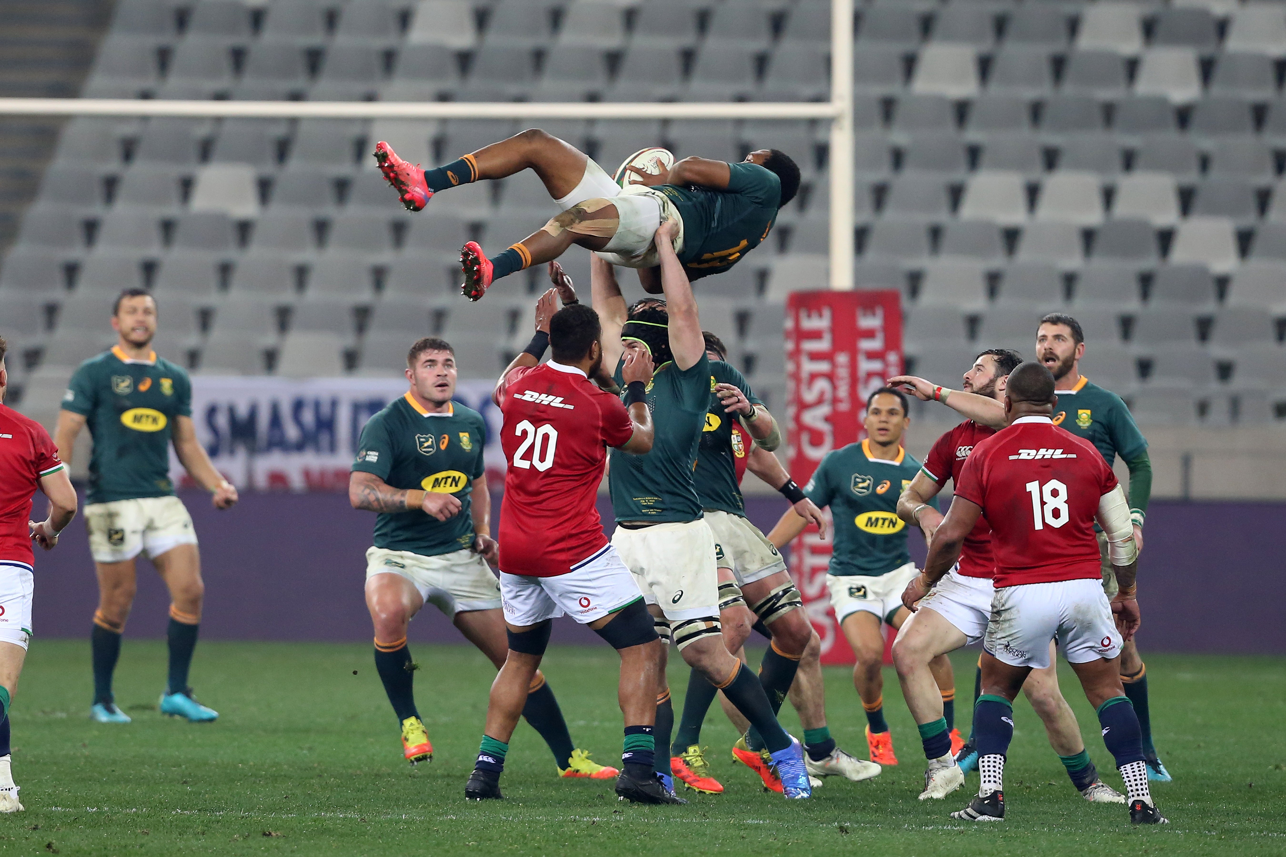 Lukhanyo Am is held up after collecting a kickoff during the second Test last weekend
