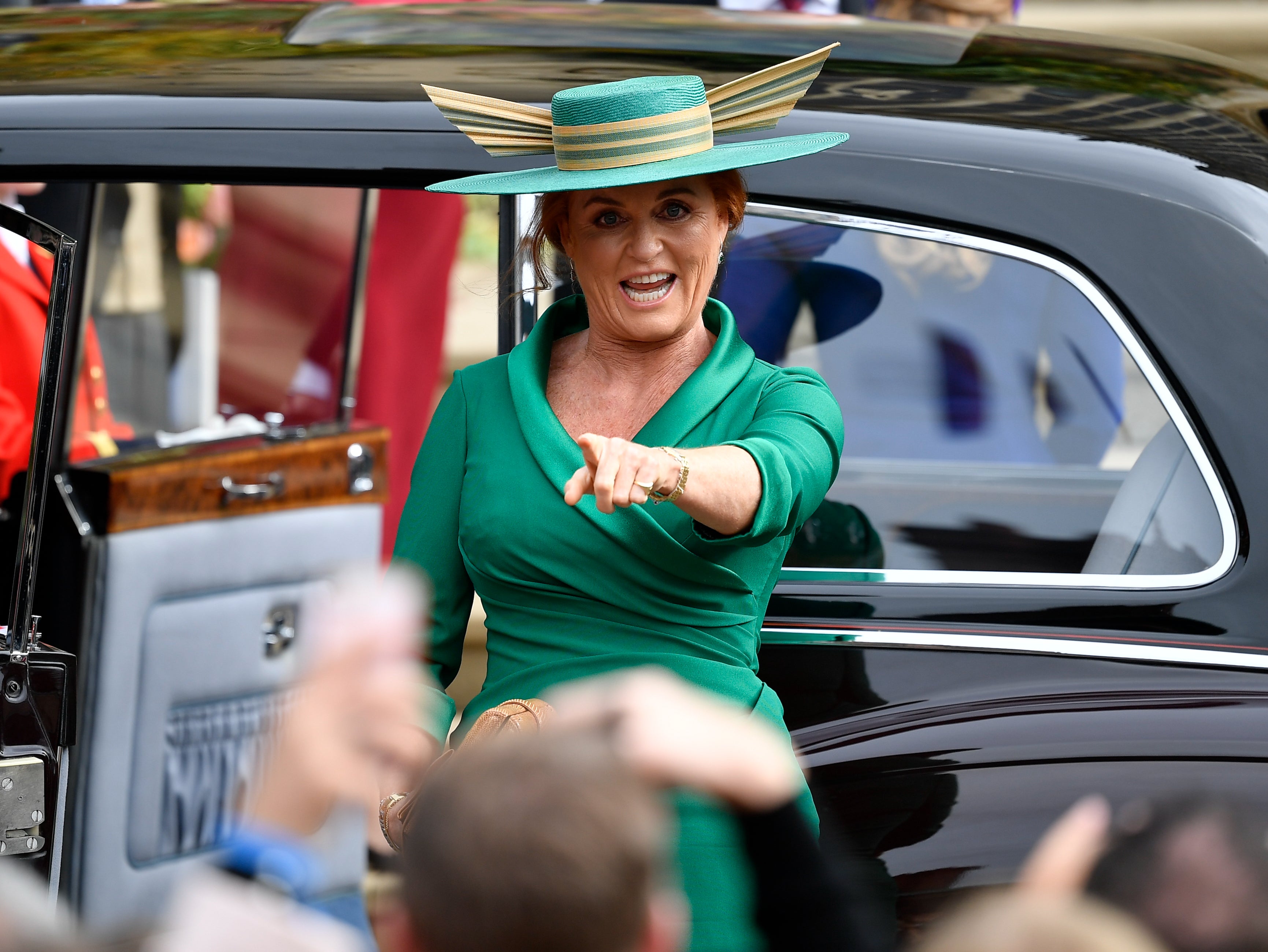 The Duchess of York arrives at St George’s Chapel ahead of her daughter Eugenie’s wedding in October 2018