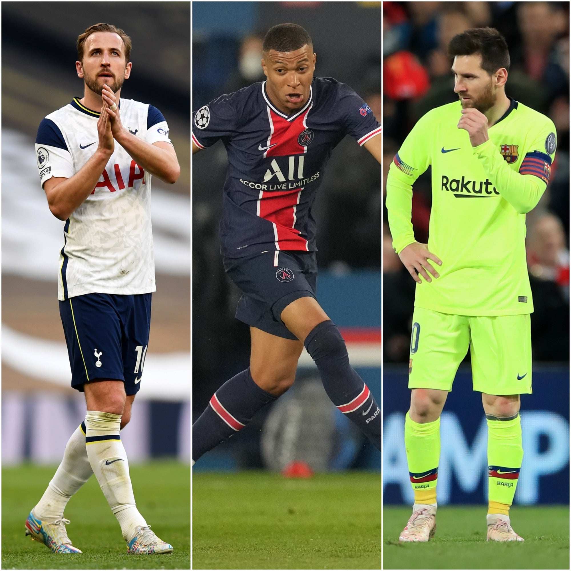 Harry Kane, Kylian Mbappe and Lionel Messi, l-r (Daniel Leal-Olivas/Julien Poupert/Peter Byrne/PA)