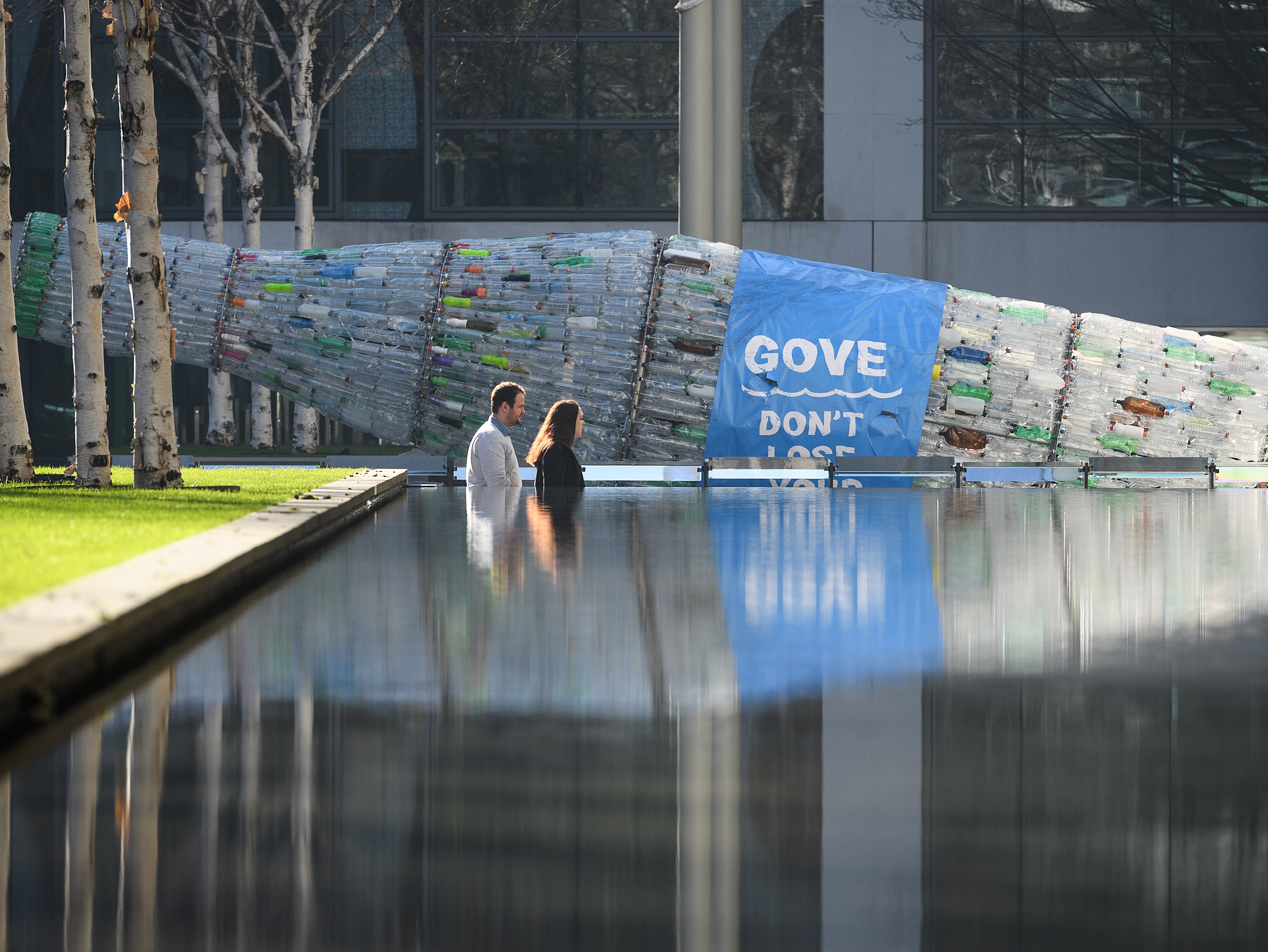 A sculpture made from 2,500 plastic bottles found on beaches, rivers and streets was delivered to the government in 2019