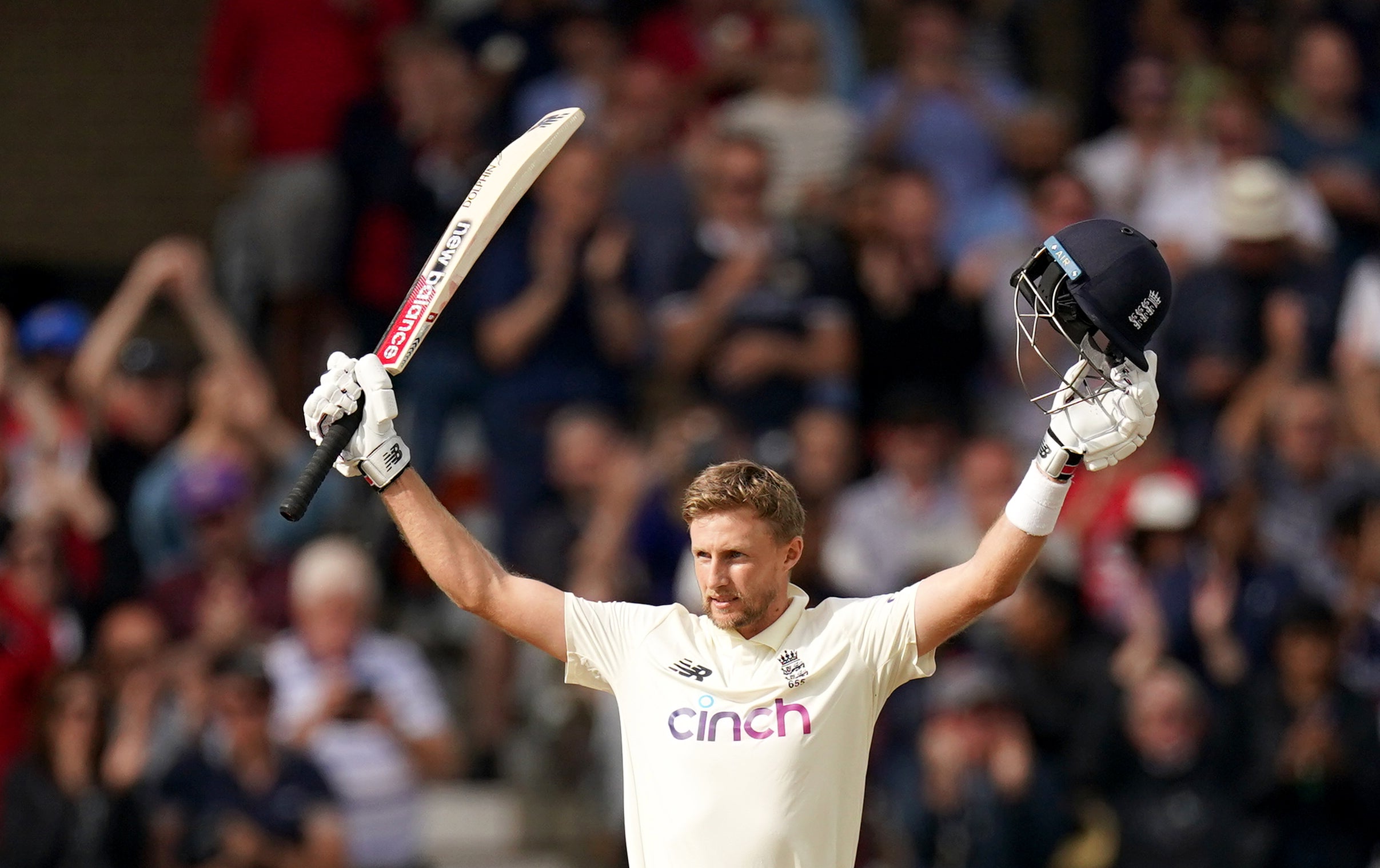 England’s Joe Root celebrates his century (Tim Goode/PA)