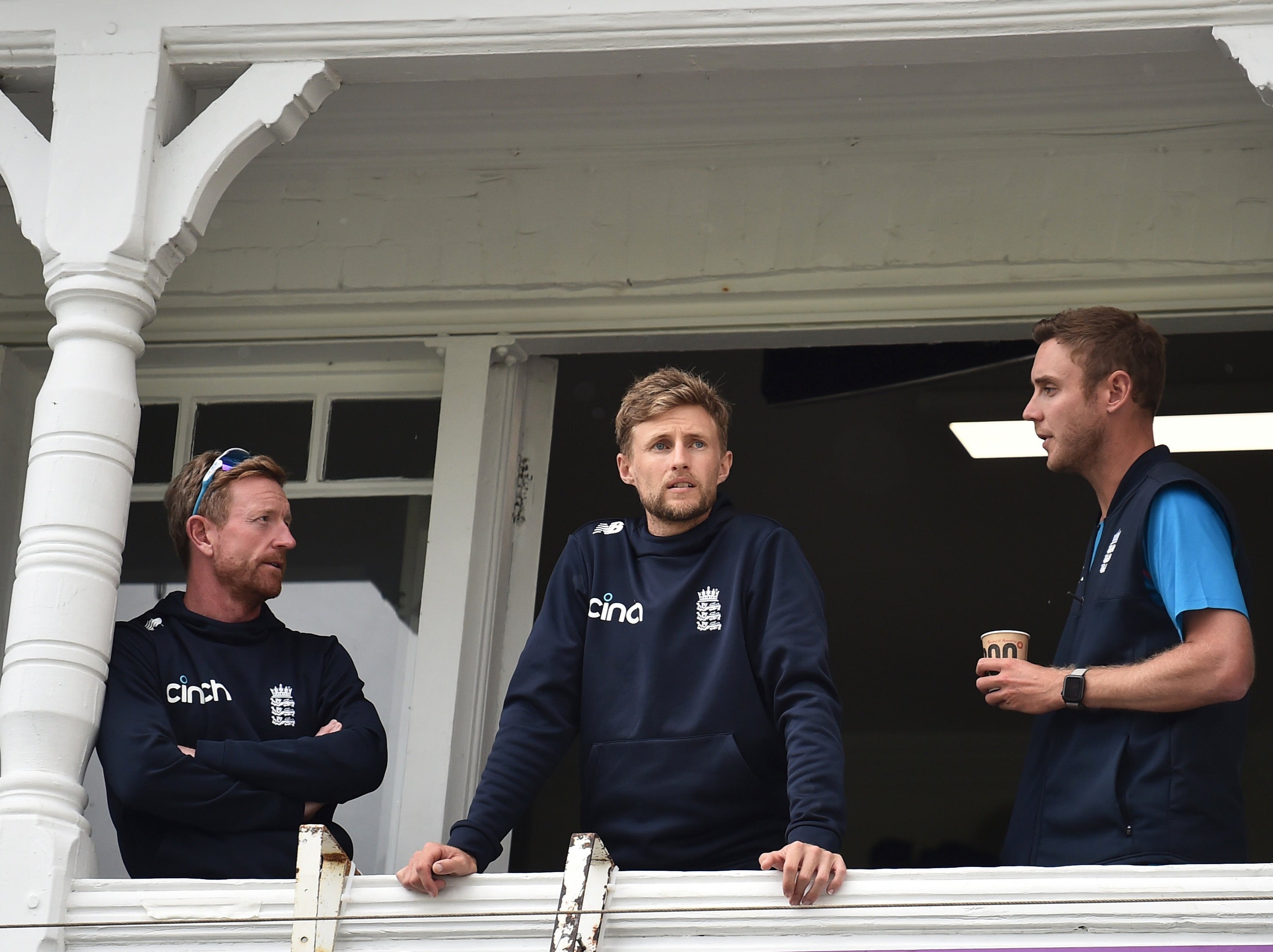 Left to right: Paul Collingwood, Joe Root and Stuart Broad at Trent Bridge on Sunday