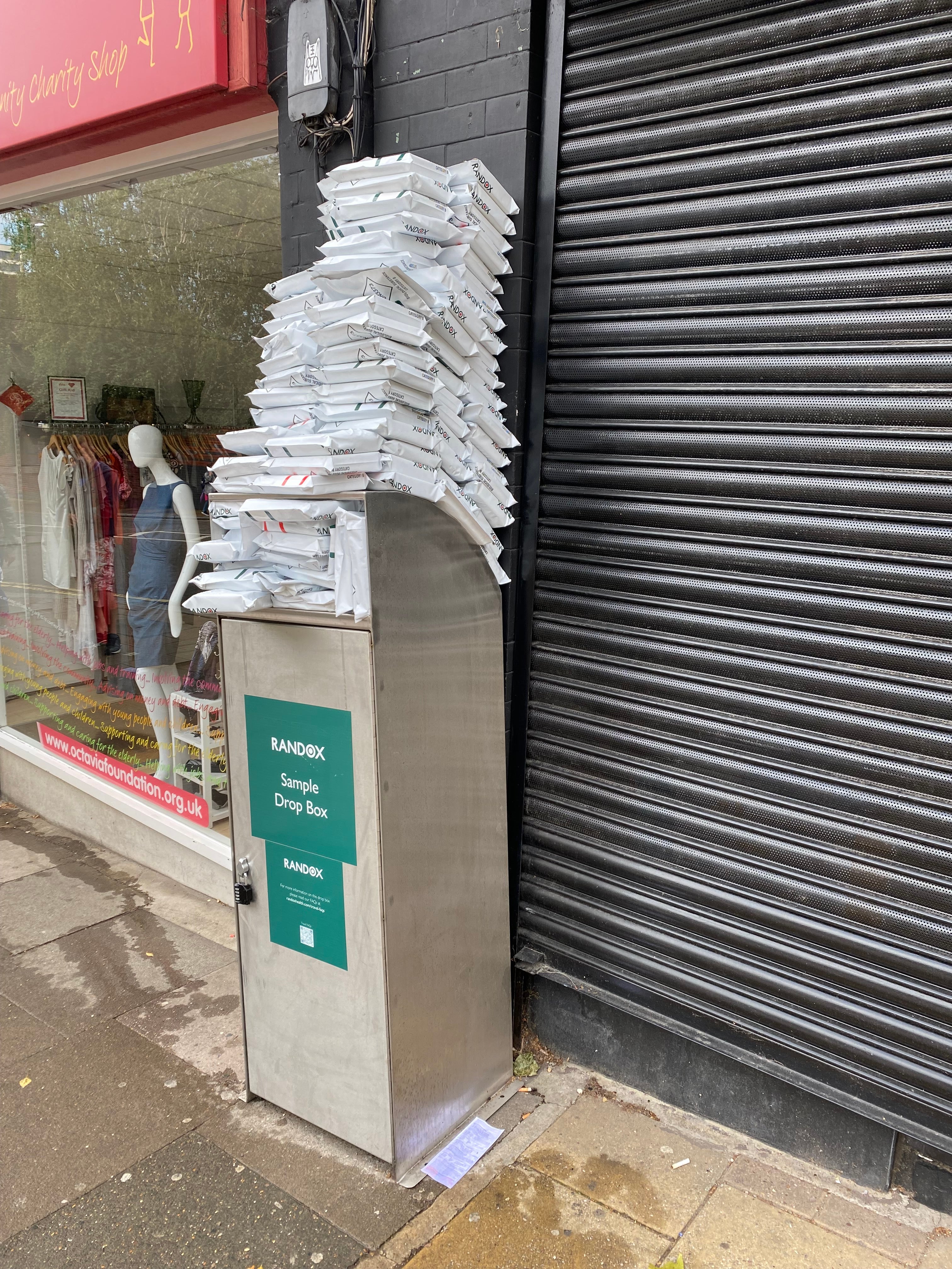 Overflowing Covid-19 tests at a Randox drop off box in North London