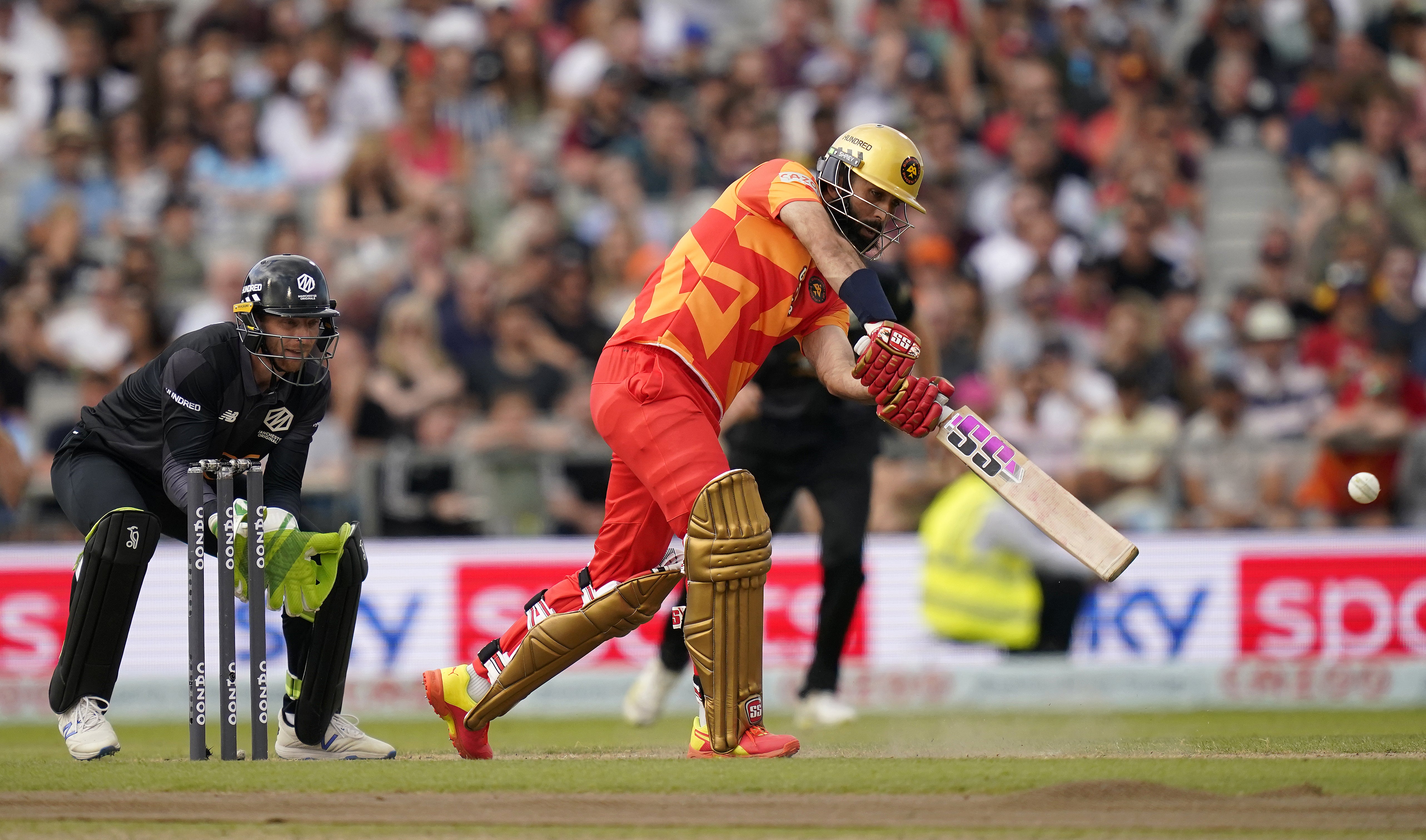 Moeen Ali, right, hits out against Manchester Originals in The Hundred (Nick Potts/PA)