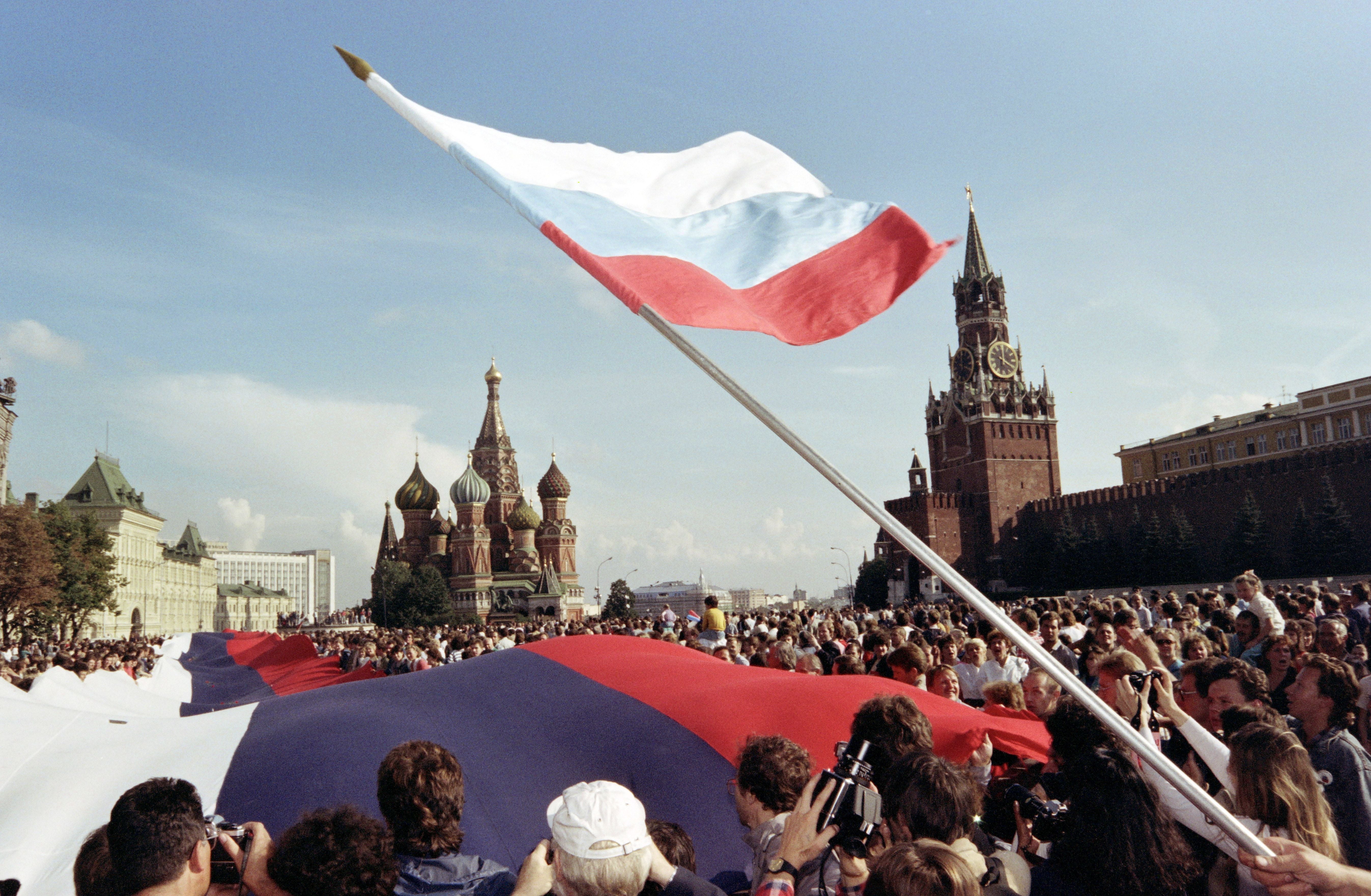 The Russian flag flies over Red Square in Moscow