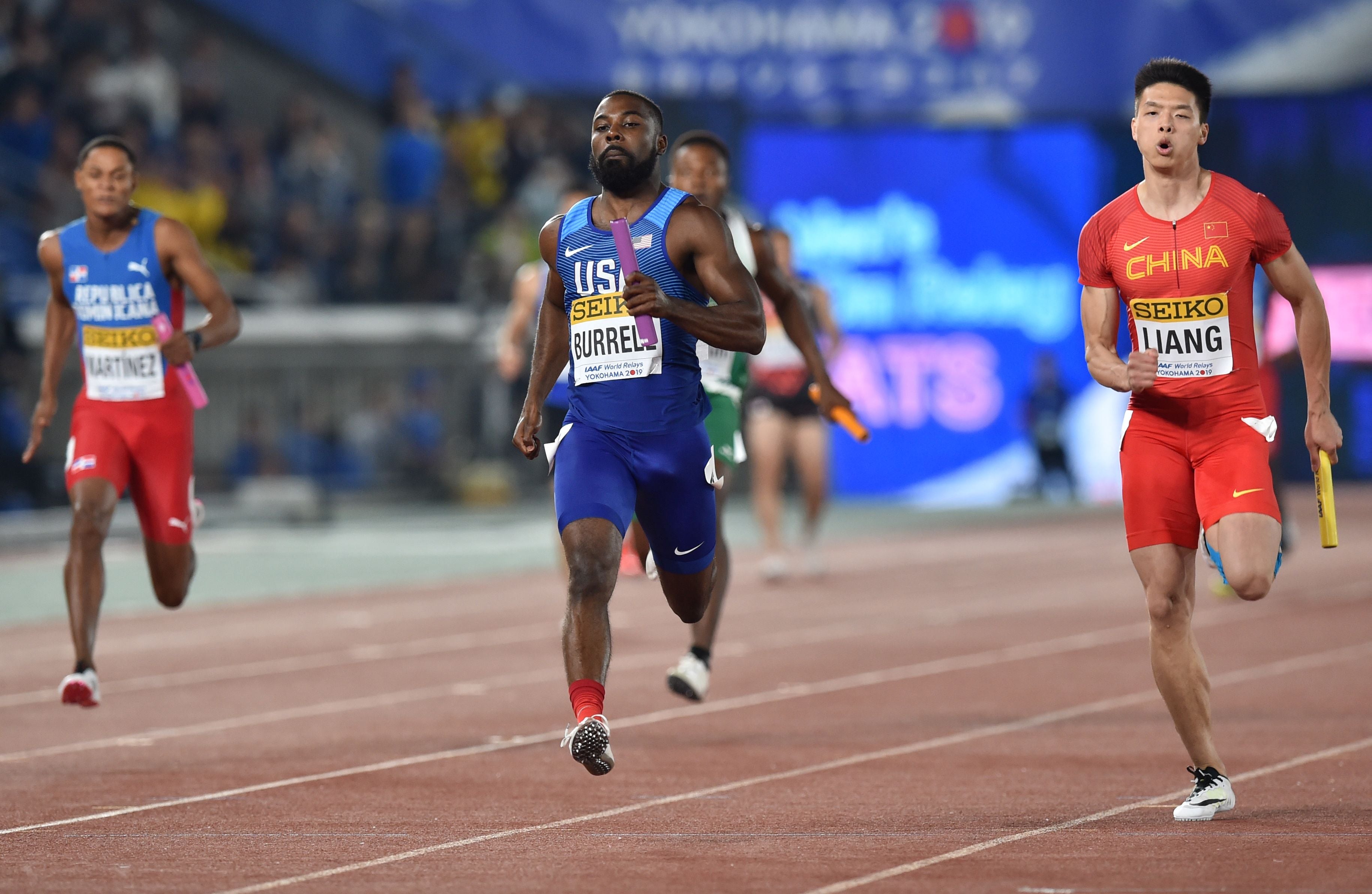 Cameron Burrell competes during the 4x100 metres relay at the IAAF World Relays event in Yokohama, May 2019