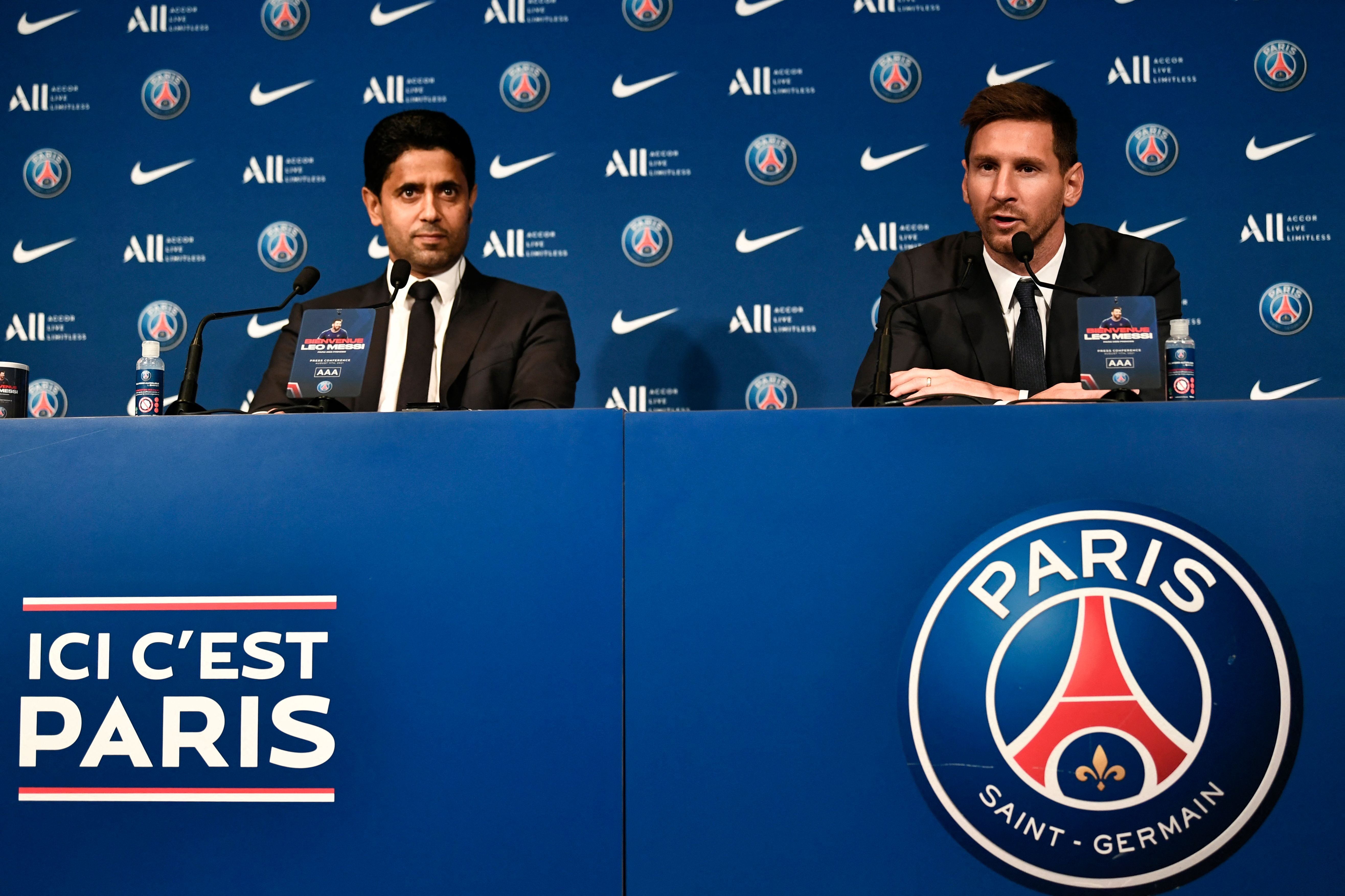 Messi speaks alongside PSG president Nasser Al-Khelaifi