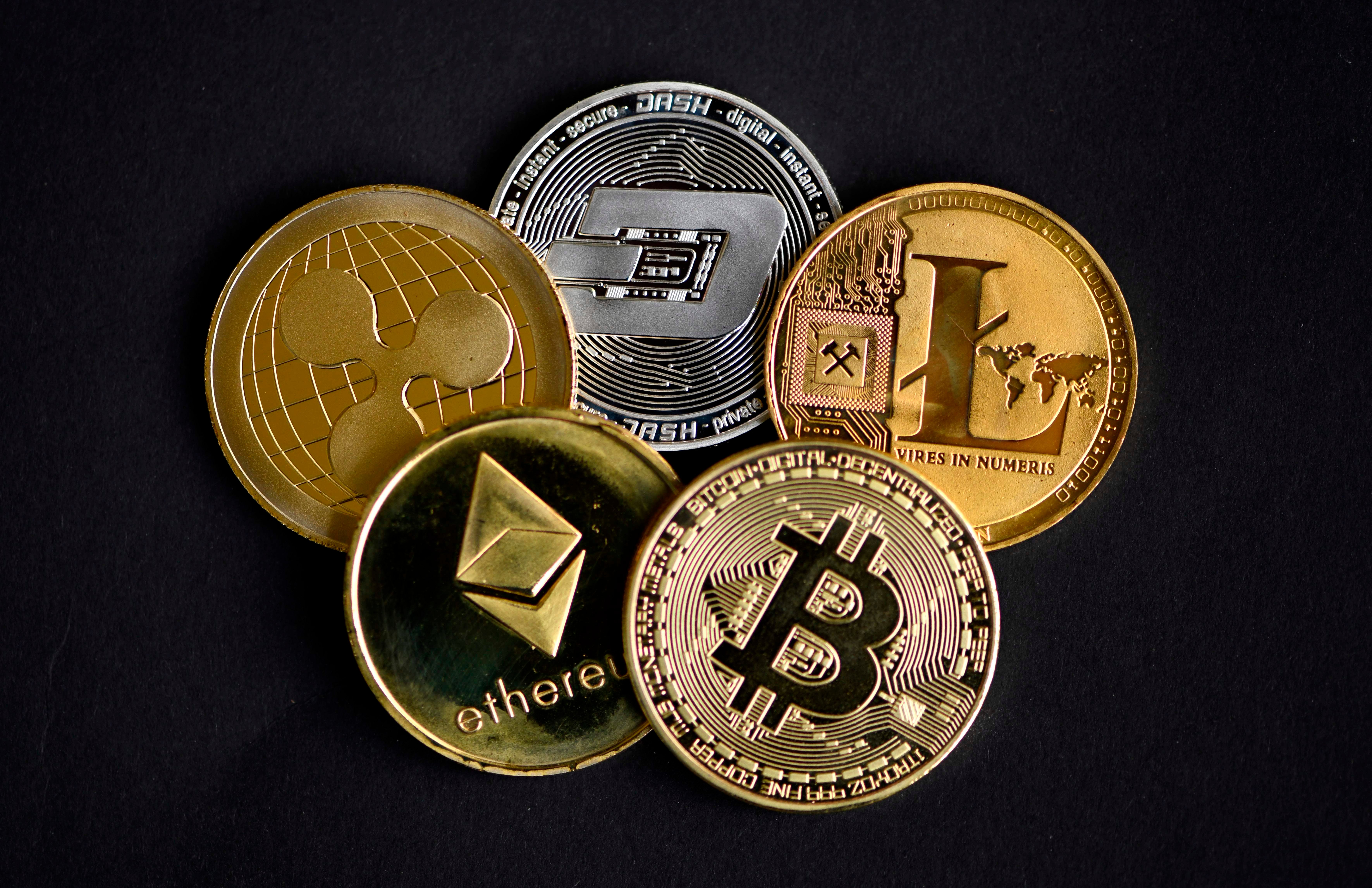 Photo shows physical imitations of cryptocurrency in Dortmund, western Germany