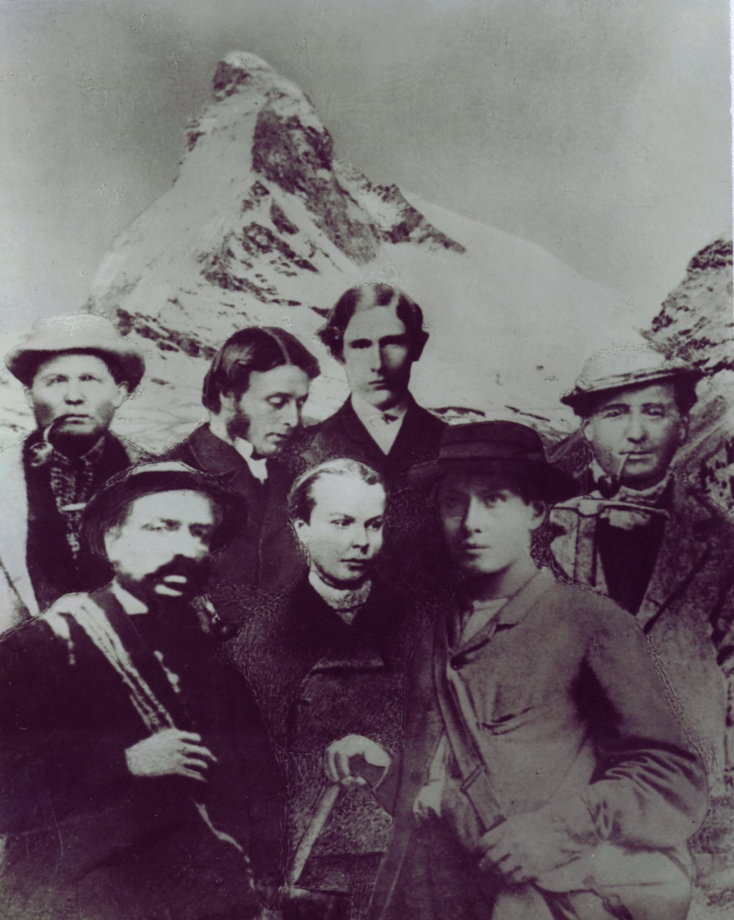 The rope team of the first ascent of the Matterhorn, 14 July 1865