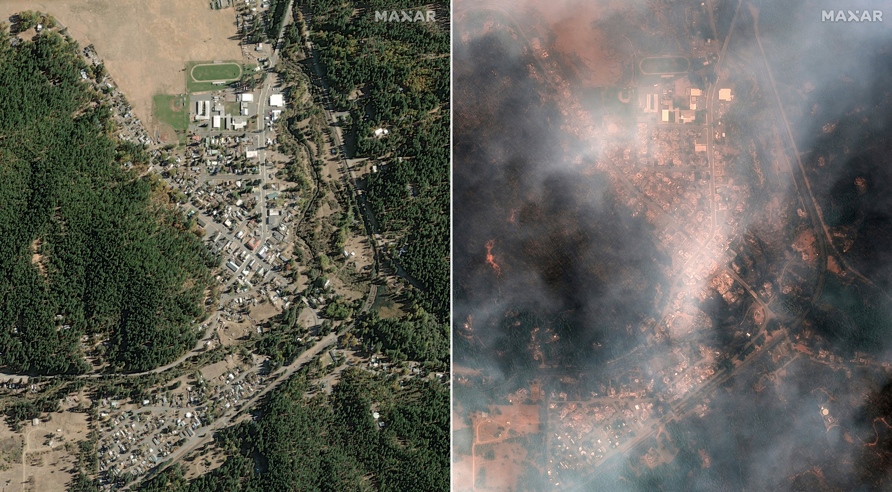 An overview of Greenville, California, before and after the wildfires started