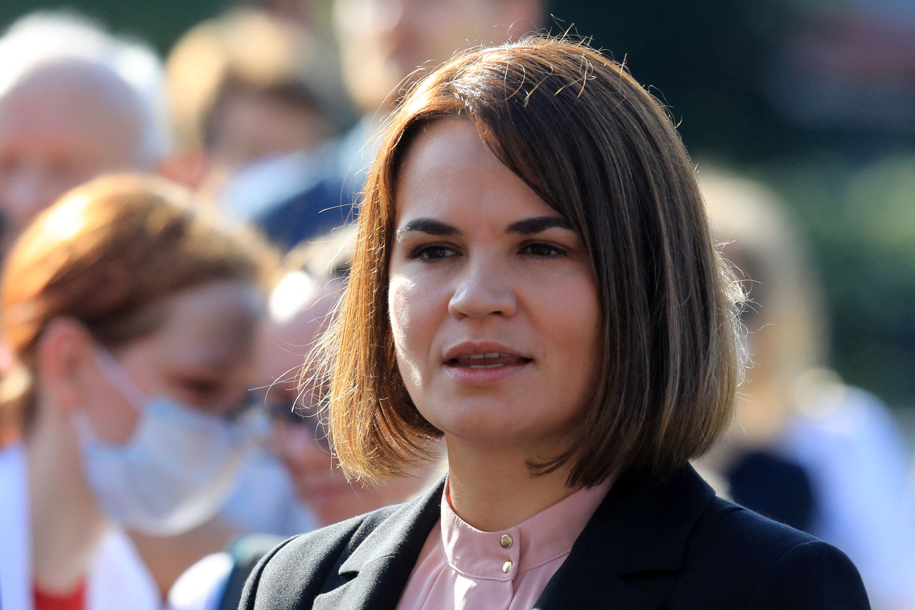 Belarusian opposition leader Svetlana Tikhanovskaya takes part in a demonstration called "We won't forget, We won't forgive!" in Vilnius