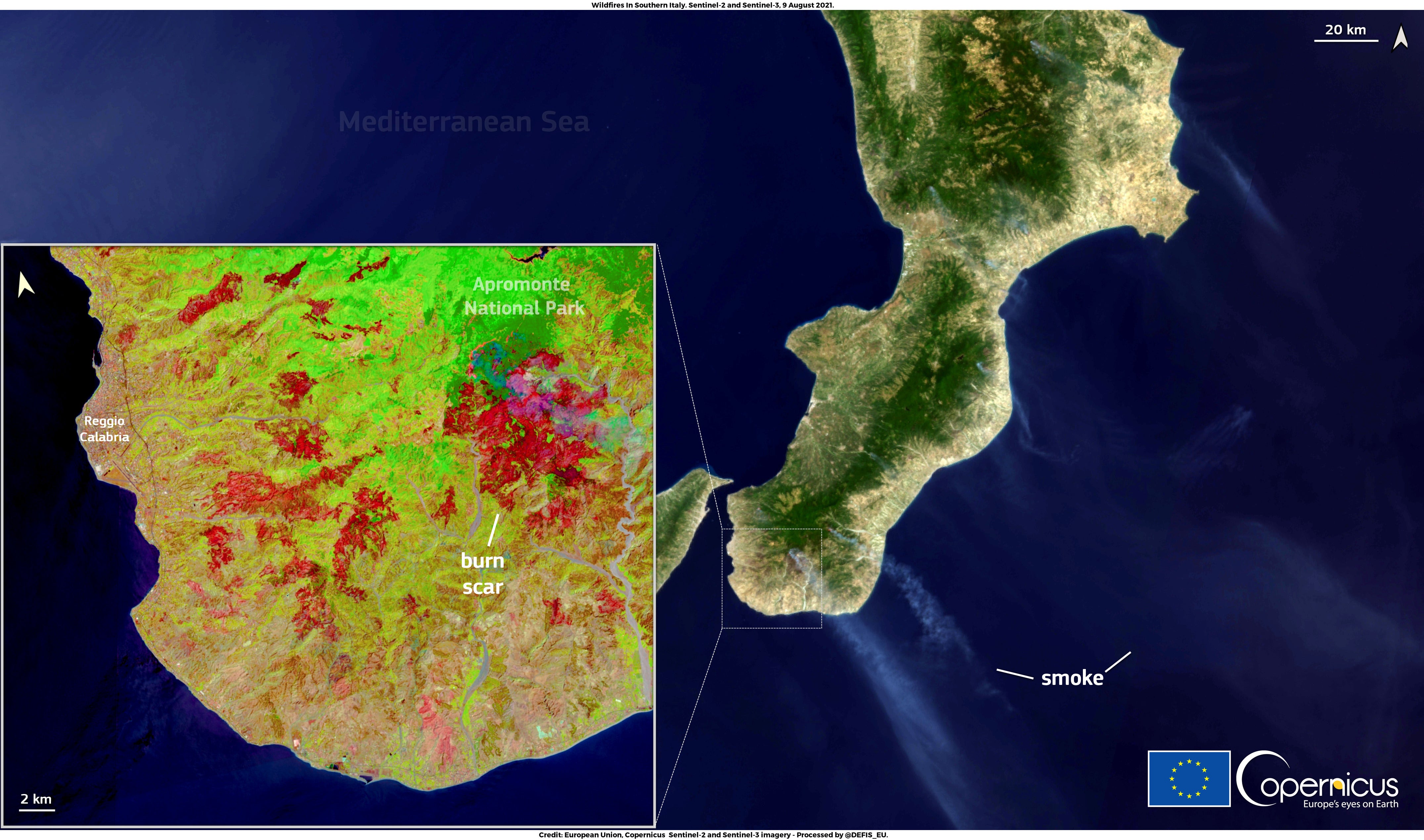 Wildfires are shown in Italy’s Calabria region through satellite imagery.