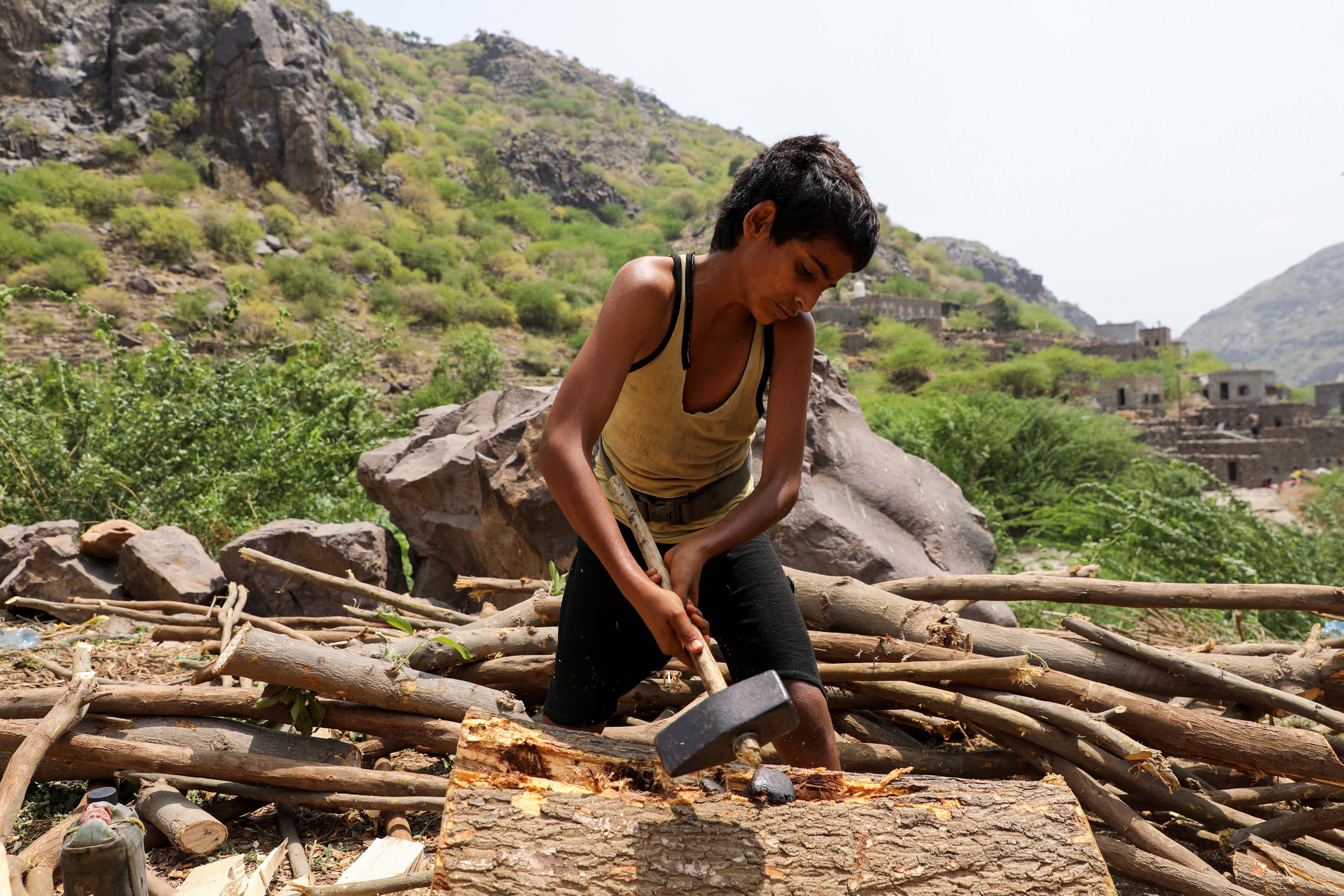 A nephew of lumberjack Ali al-Emadi splits a log with a sledge hammer at his village in Khamis Banisaad district of al-Mahweet province