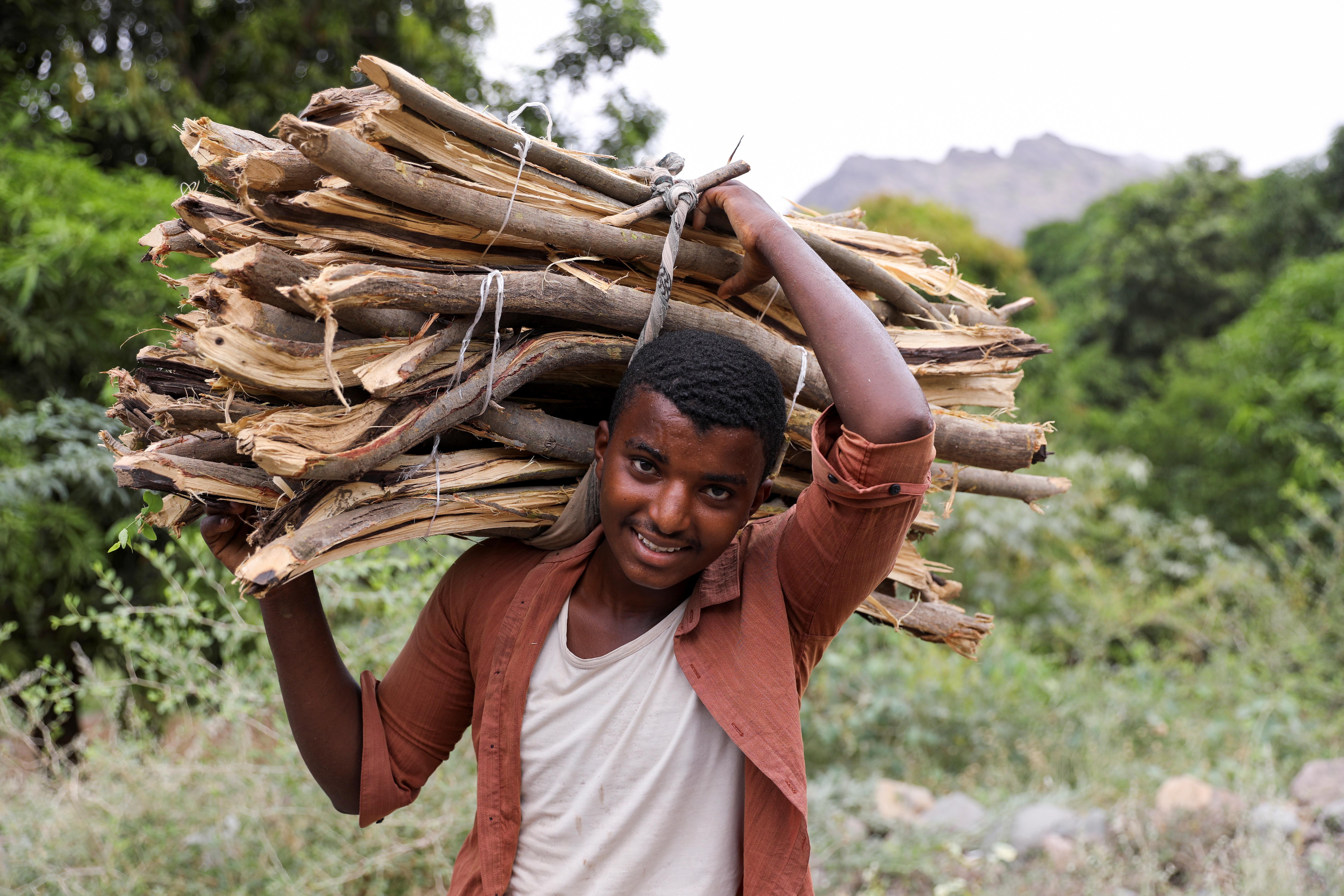 A lumberjack carries a bundle of firewood in Khamis Banisaad district of al-Mahweet province