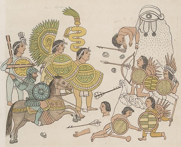 Complex conquests: Spain used a strategy of ‘divide and rule’ to create its vast empire in the Americas. This 16th century indigenous painting shows Hernán Cortés’s local allies accompanying Spanish soldiers. An estimated 95% of Cortés’s forces were anti-Aztec indigenous warriors