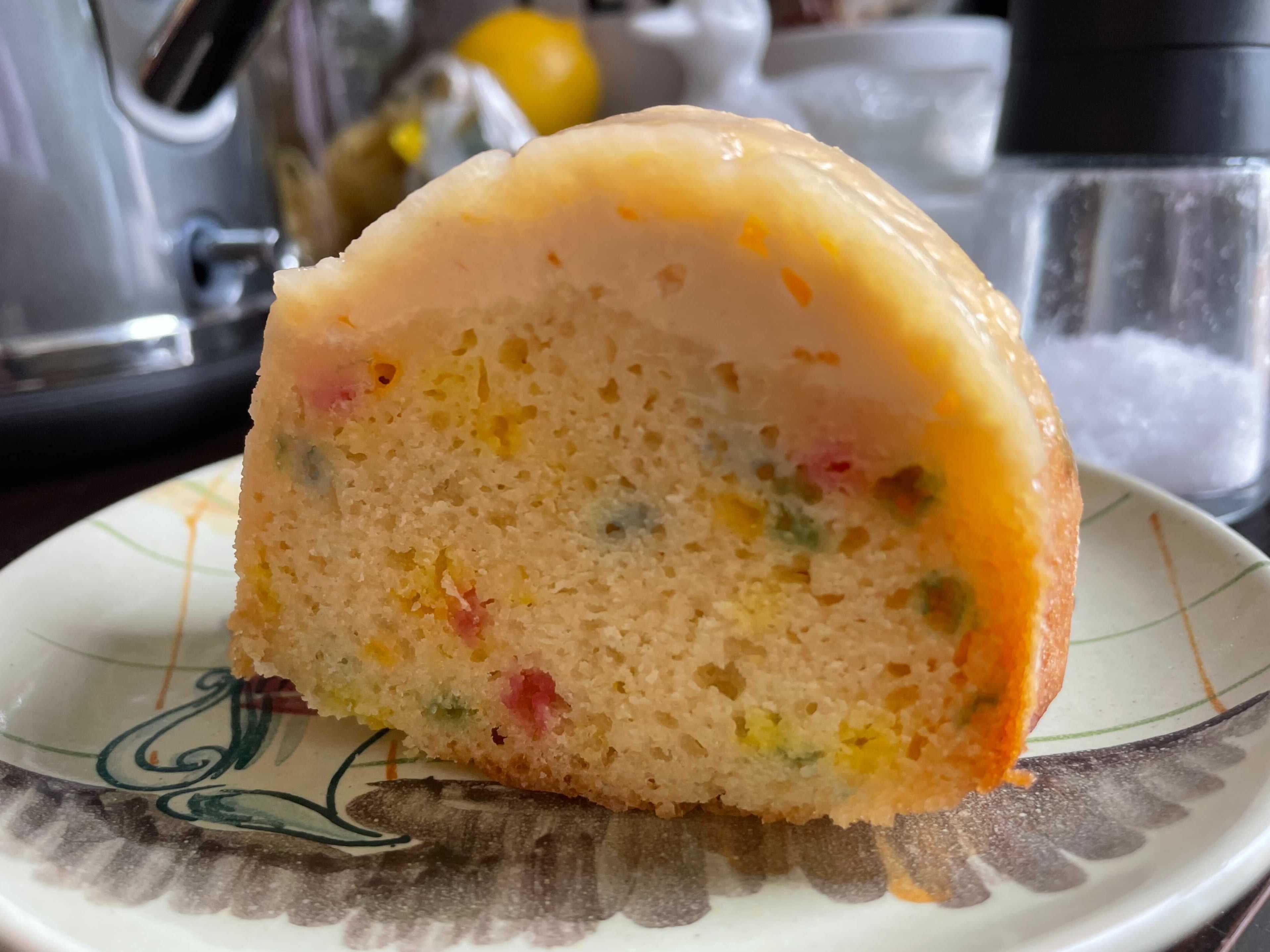 A cross-section of the Funfetti Flan Cake