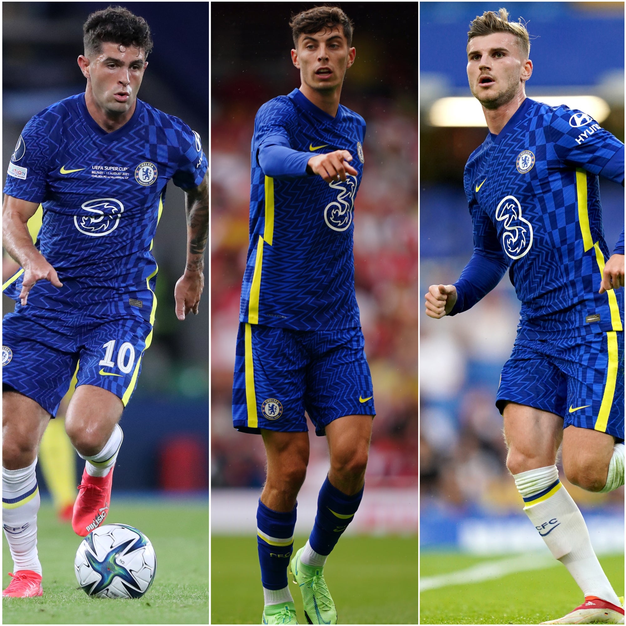 Christian Pulisic, left, Kai Havertz, centre, and Timo Werner, right, are among the most expensive signings in Chelsea’s history (PA)