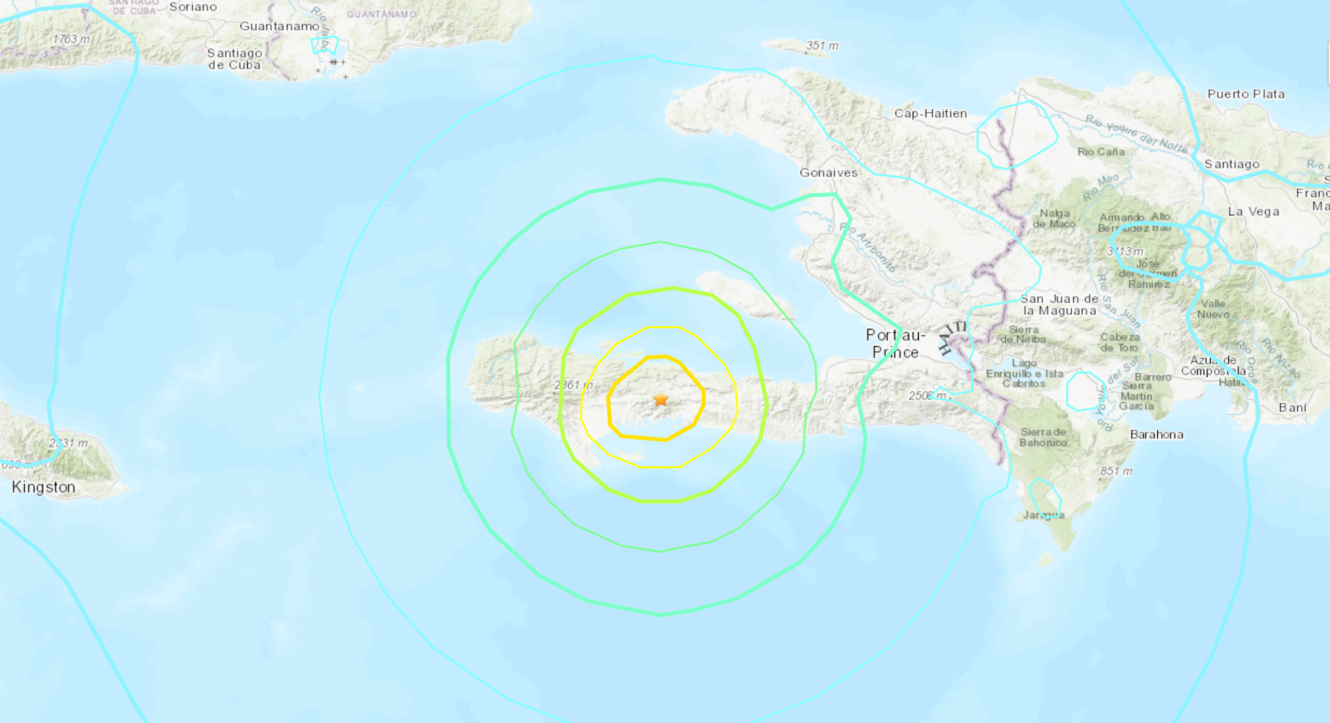 Epicentre of Haiti earthquake on 14 August 2021