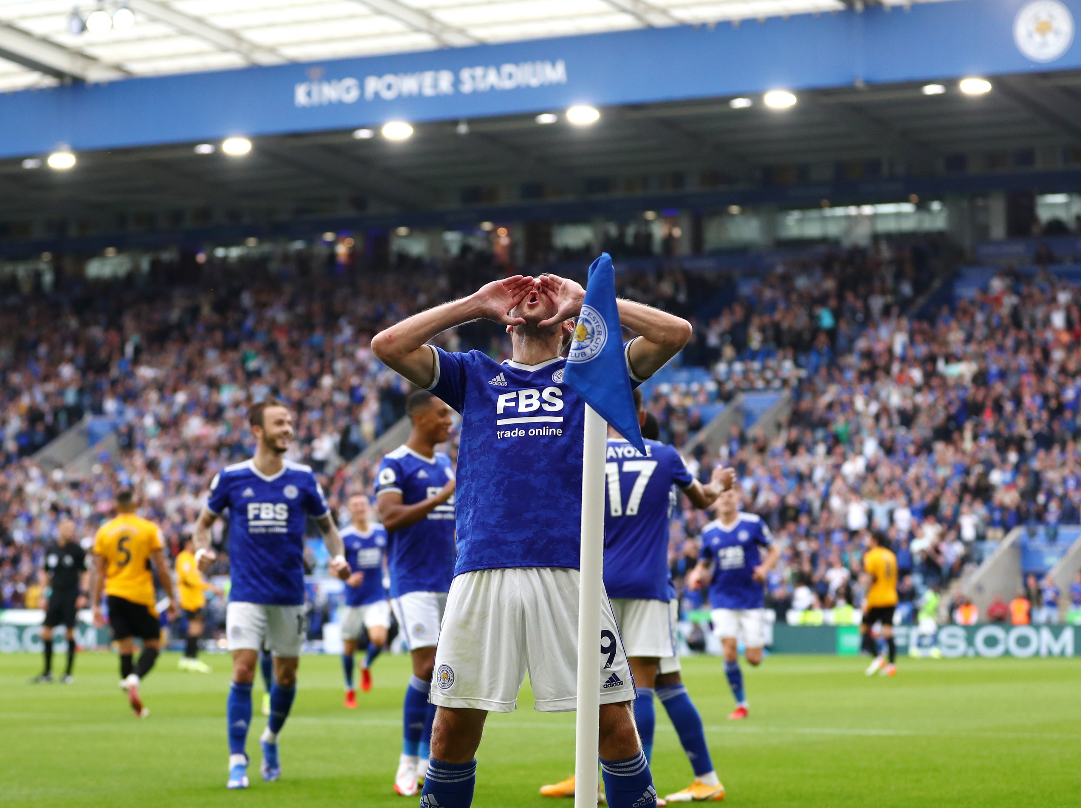 Jamie Vardy celebrates after scoring the game’s only goal