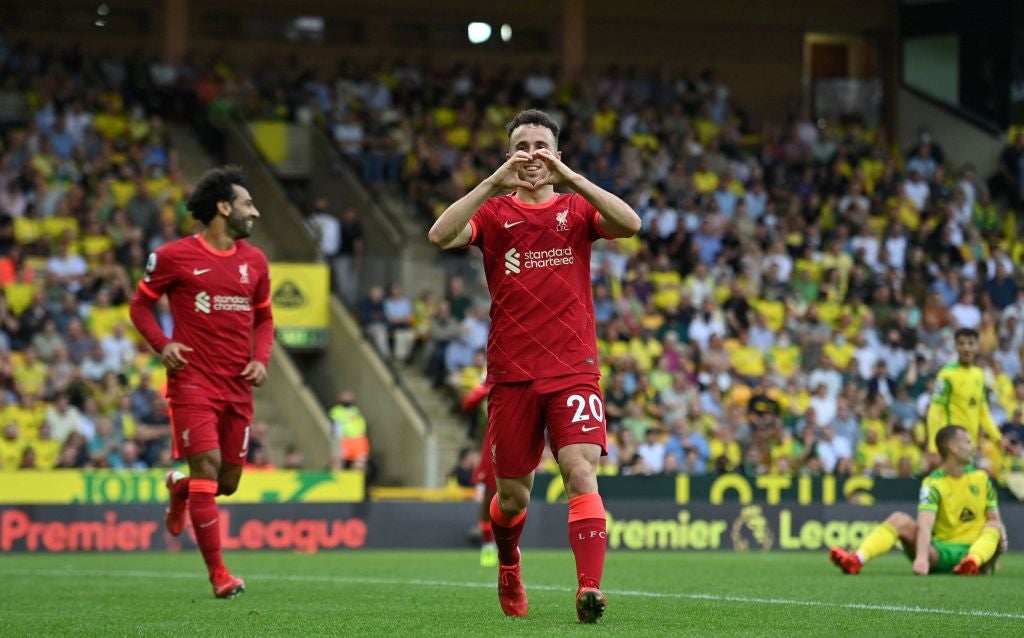 Diogo Jota celebrates scoring Liverpool’s opening goal