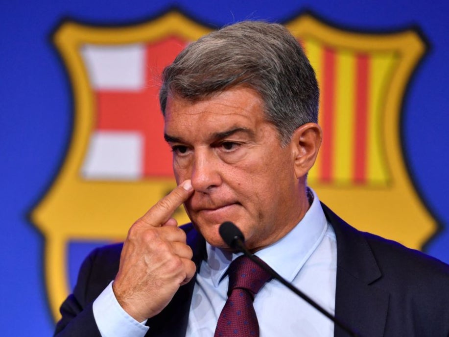 President of FC Barcelona Joan Laporta holds a press conference