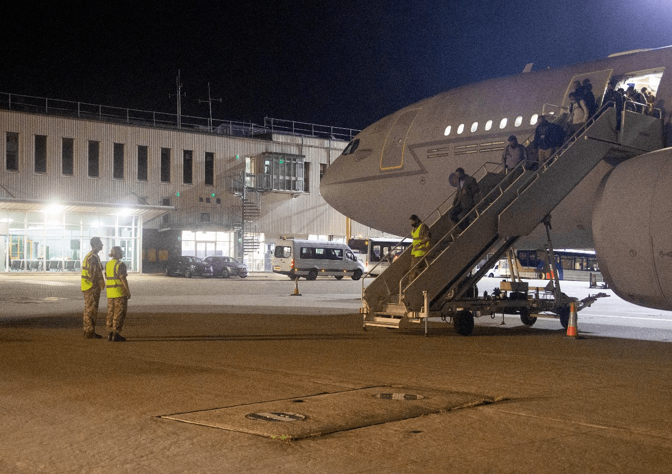 The first repatriation flight from Afghanistan lands at RAF Brize Norton on 15 August, 2021.