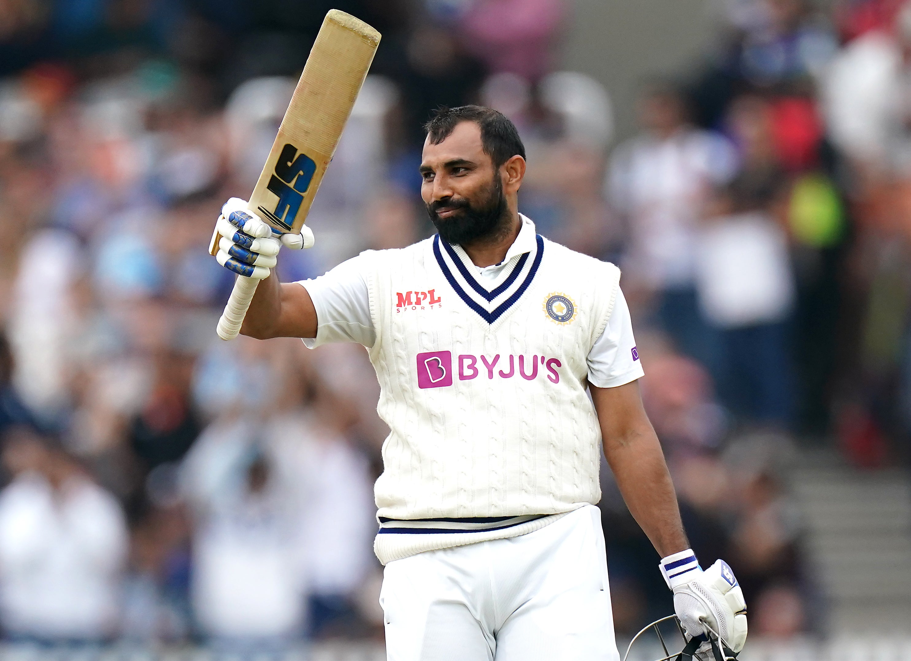 India’s Mohammed Shami celebrates his half century (Zac Goodwin/PA).