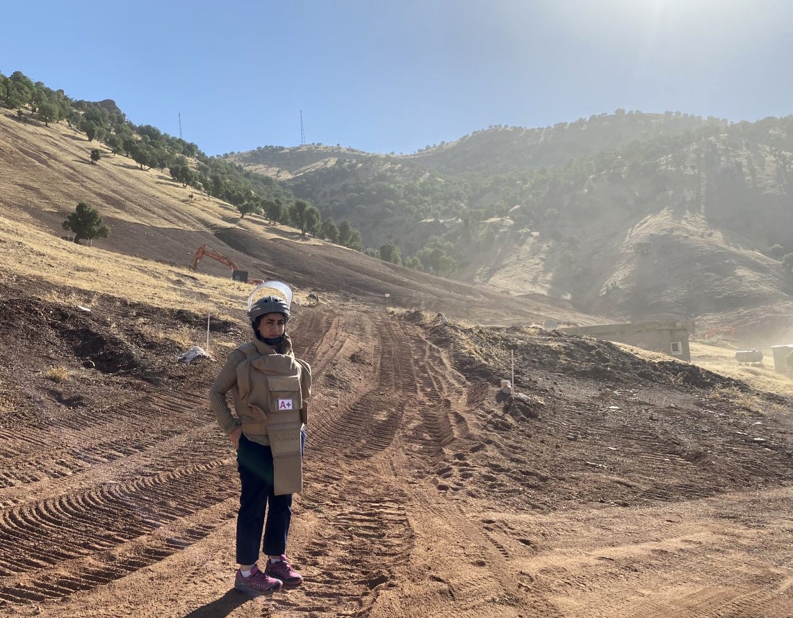 Diggers are being used for technical minesweeping in the hills just above the village of Wlyawa near the border with Iran