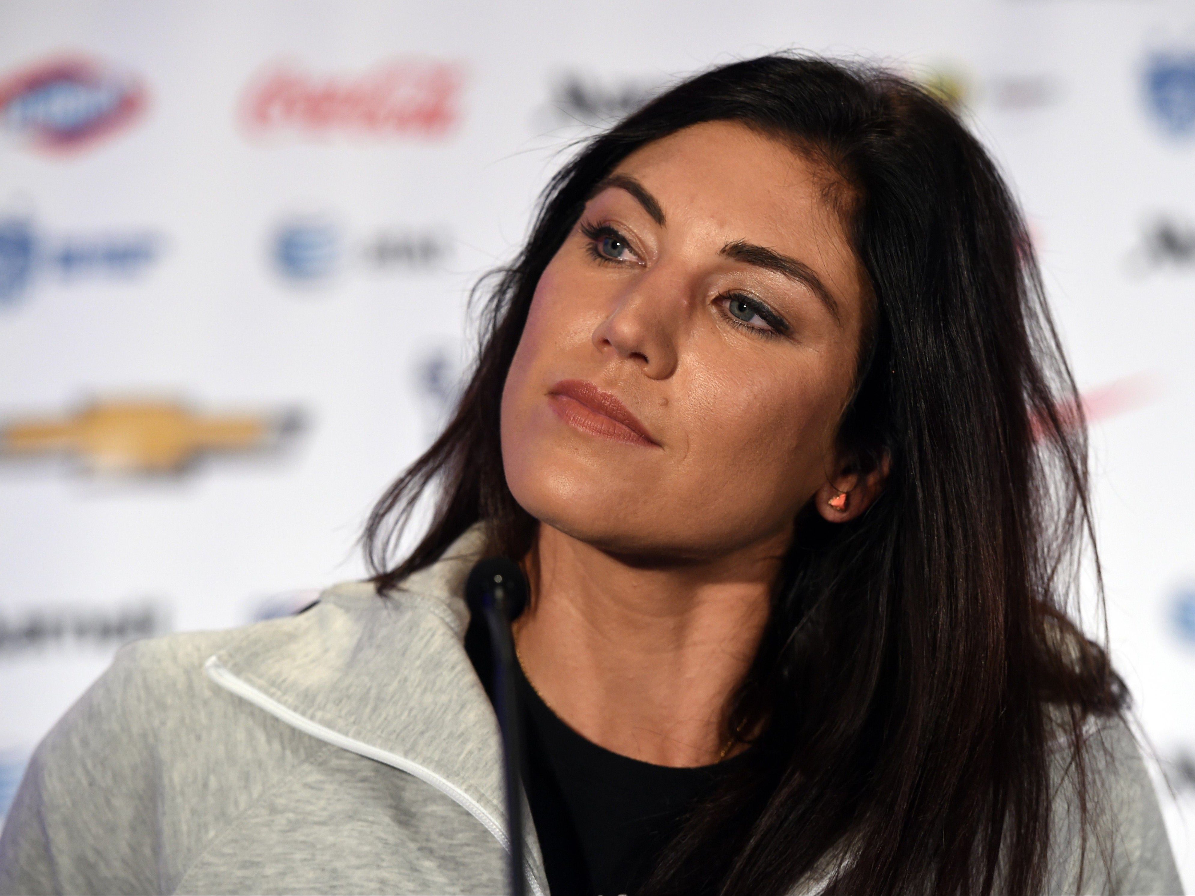 Hope Solo speaking at a Team USA press conference in New York City in July 2015