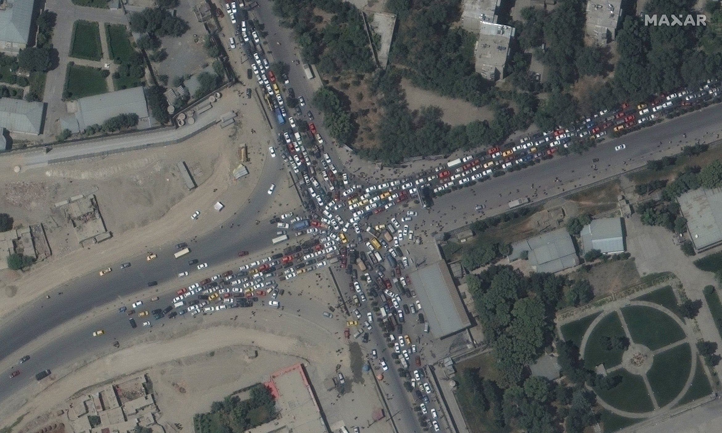 A traffic jam in Kabul on 16 August, 2021, as Afghans try to flee the impending Taliban takeover.