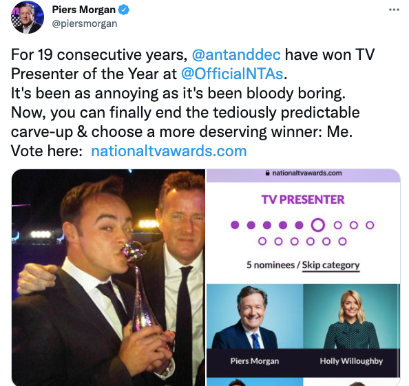 Piers Morgan hits out at Ant and Dec’s NTAs winning streak on social media