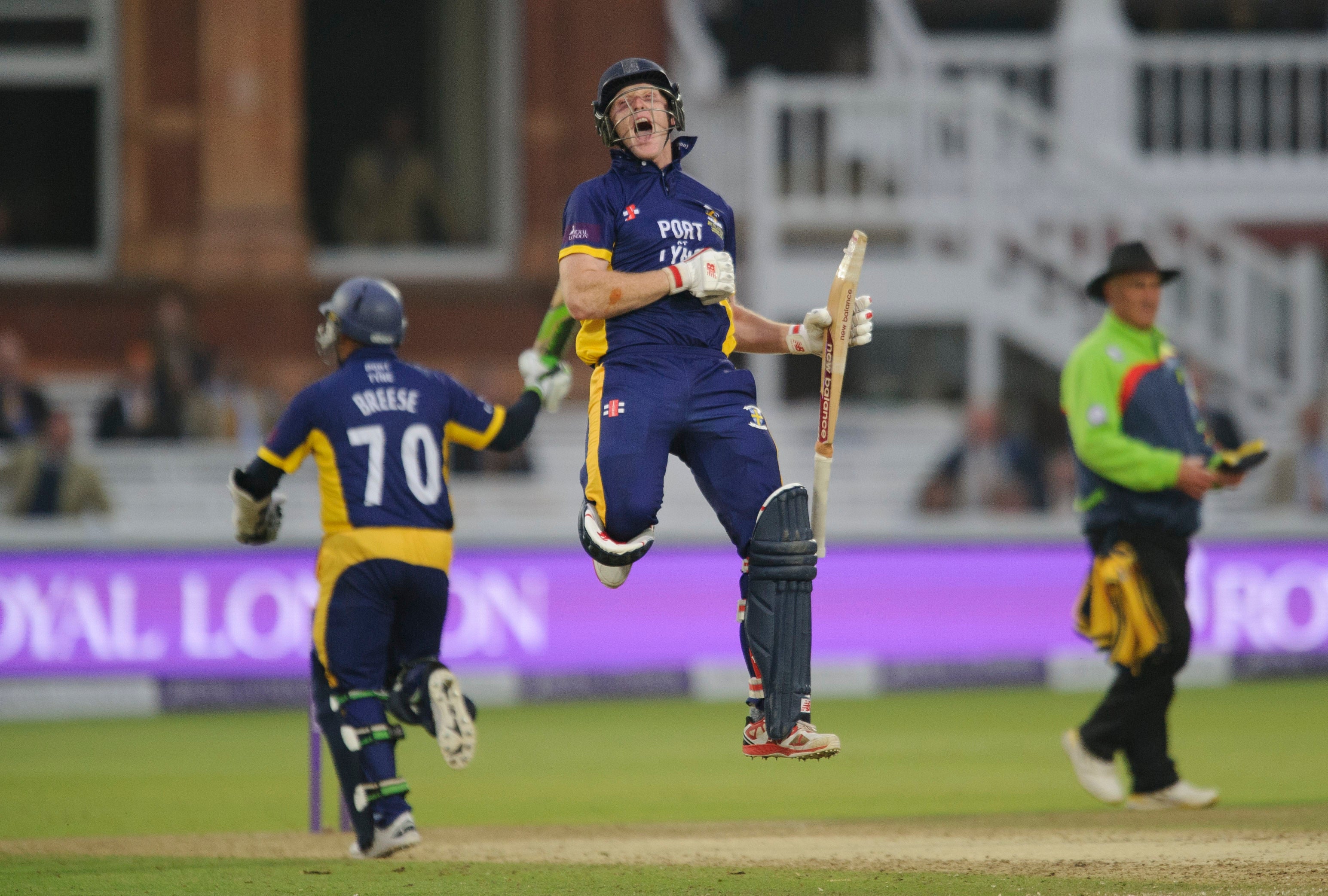 Ben Stokes celebrates after Gareth Breese hit the winning runs for Durham during the 2014 Royal London One Day Cup final (Jon Buckle/PA)