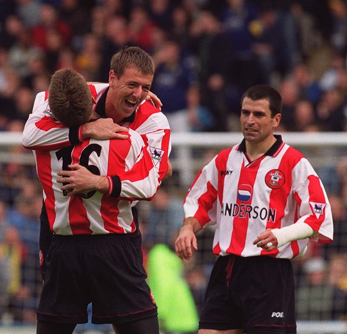 Southampton greats Francis Benali and Matthew Le Tissier celebrate a goal (Tom Hevezi/PA)