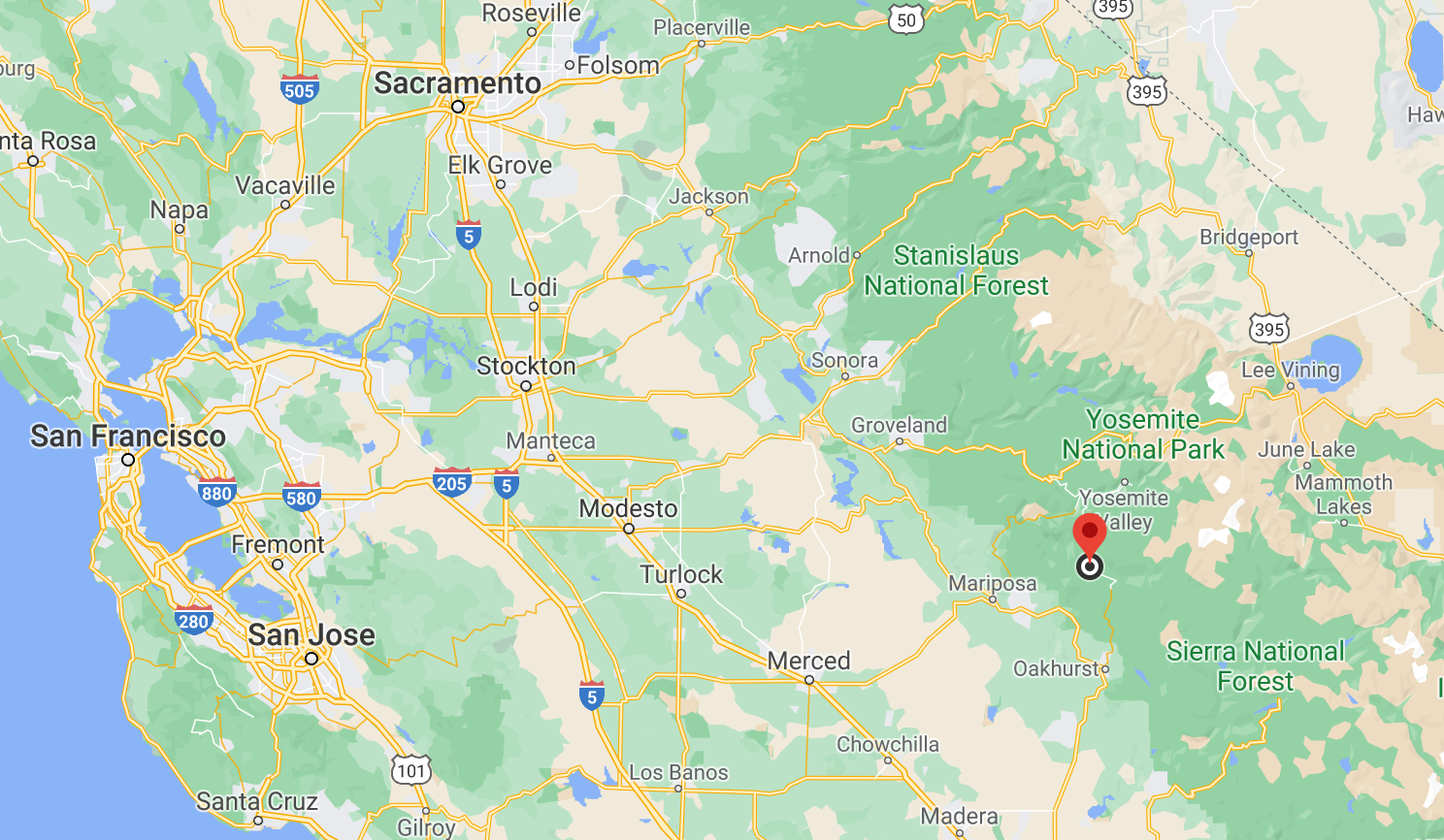 The Southfork of the Merced River where the bodies were found is about 320 kms (200 miles) east of San Francisco