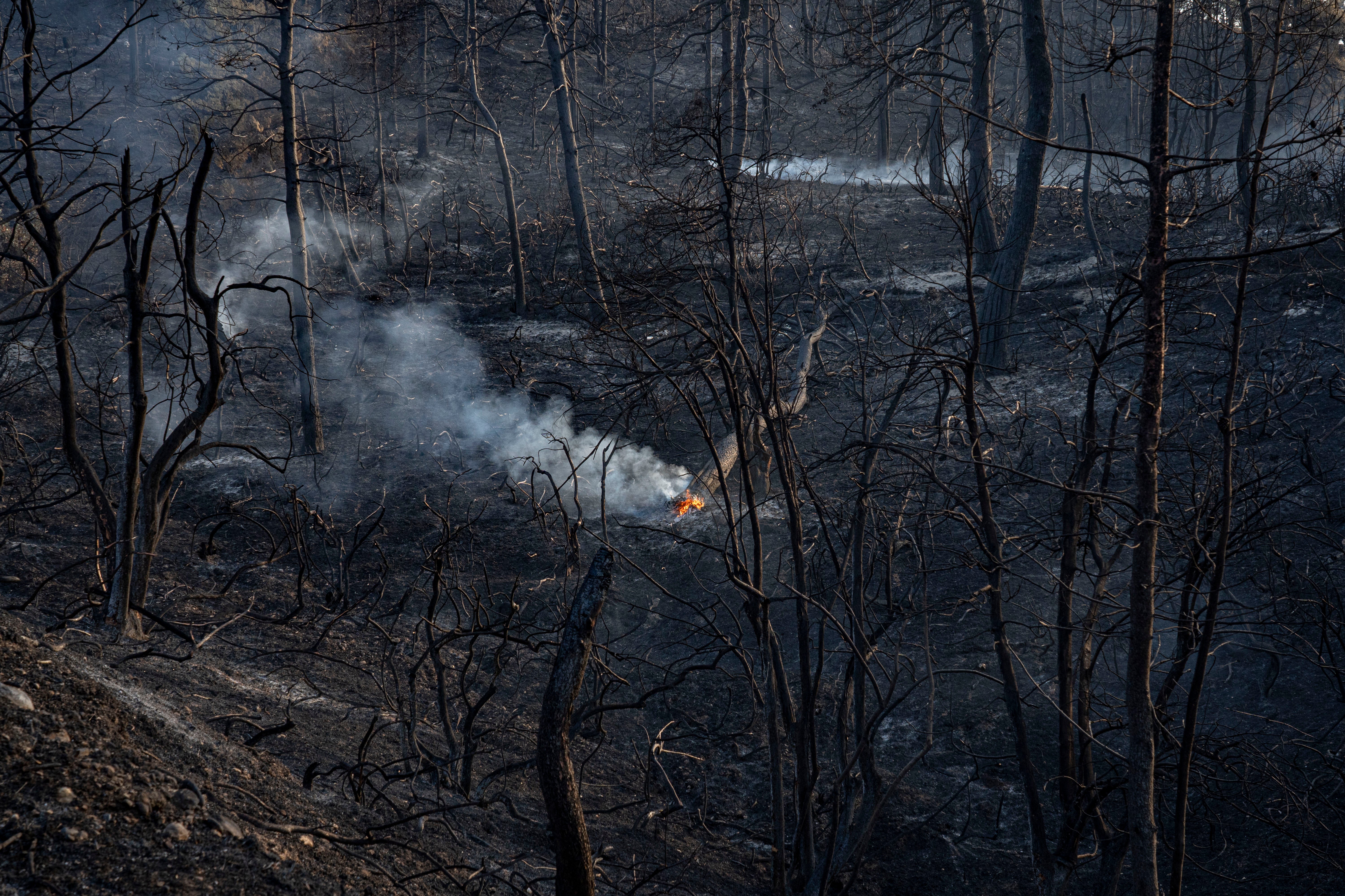 Parts of Evia island are still smouldering, weeks after the devastating wildfires first erupted