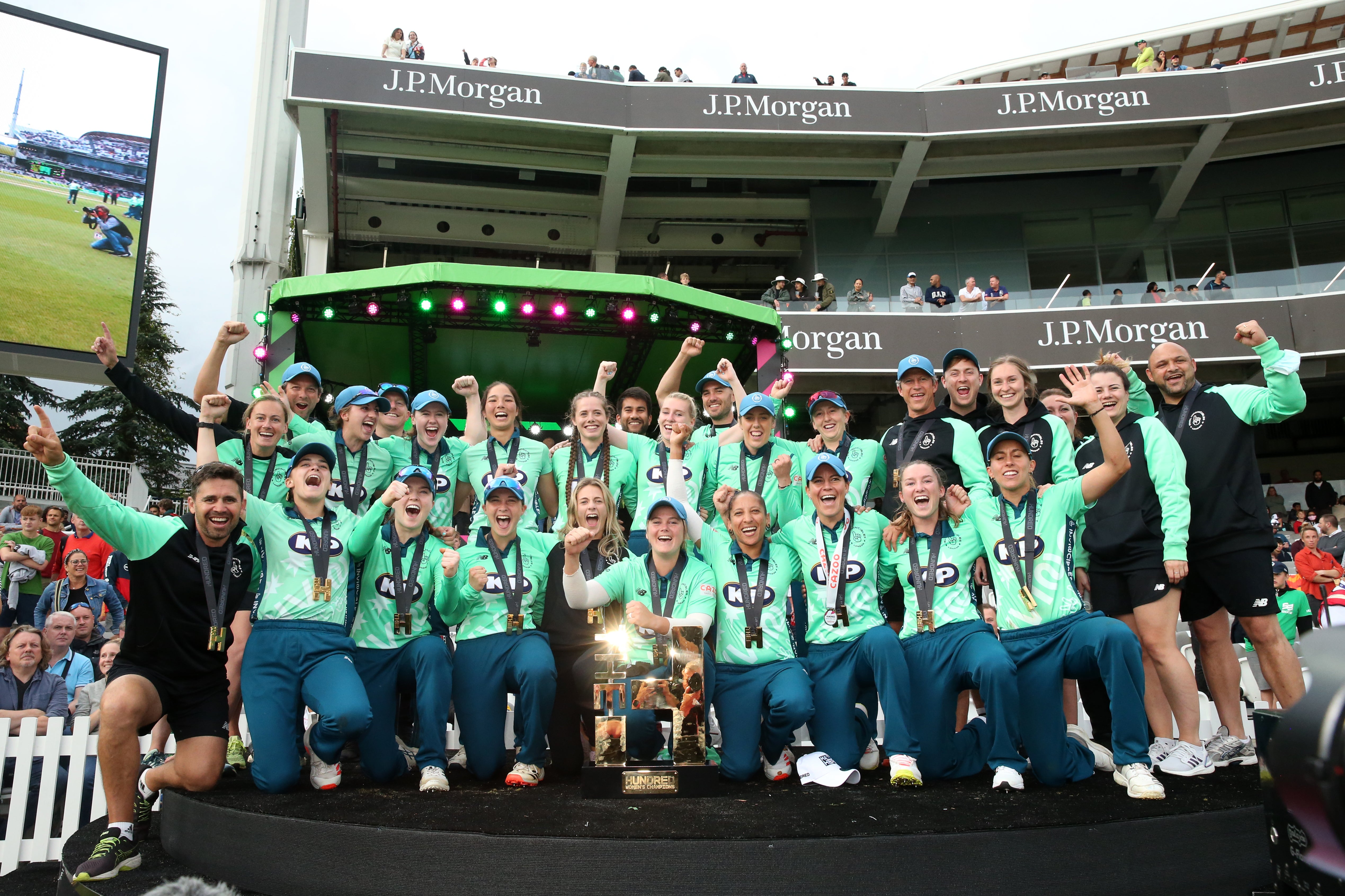 Oval Invincibles players celebrate (Steven Paston/PA)