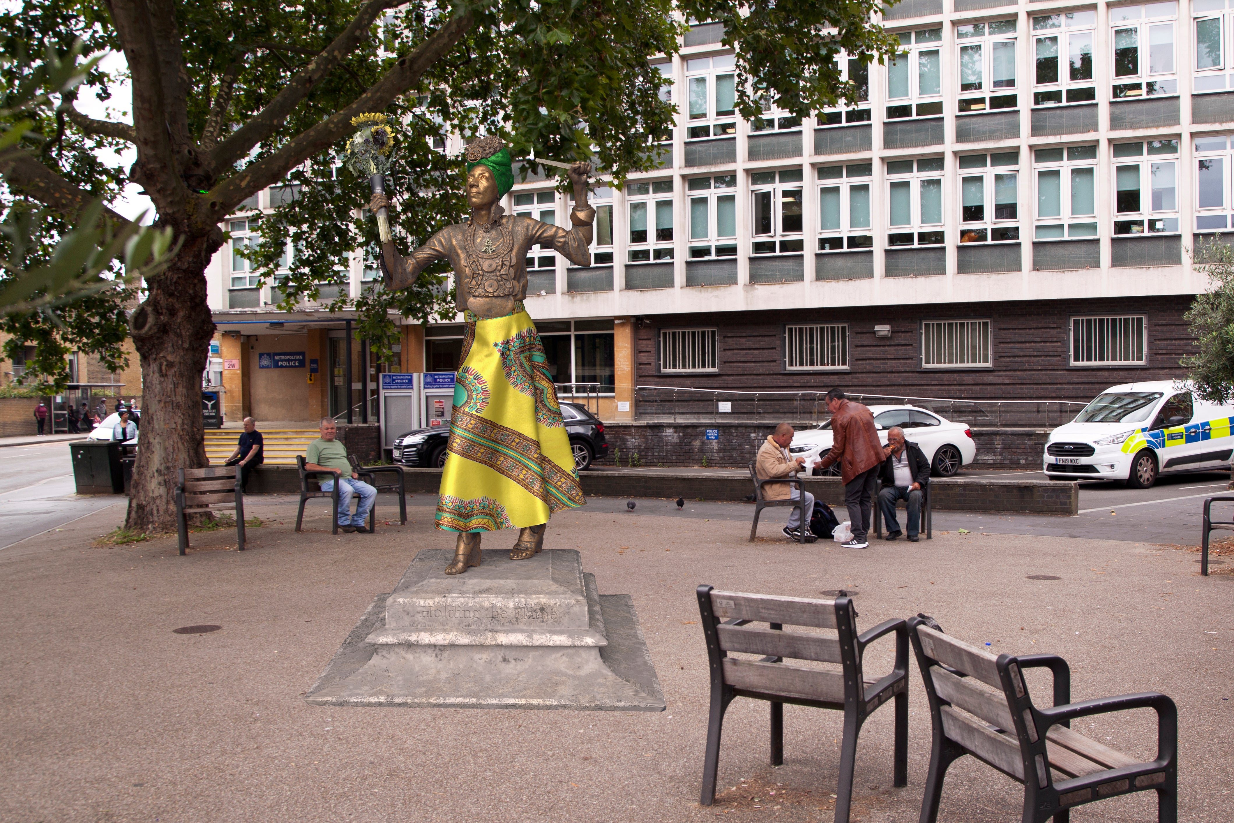 Virtual statue of campaigner Marcia Rigg outside Brixton police station in south London