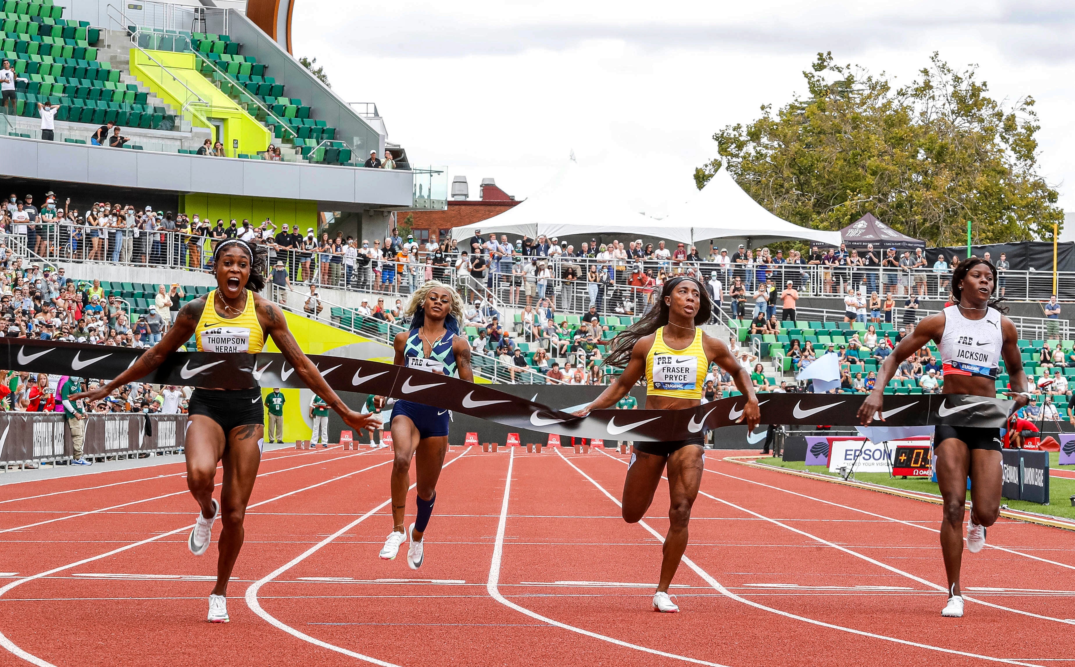 Jamaica’s Elaine Thompson-Herah (left) takes victory in 10.54 seconds (Thomas Boyd/AP).