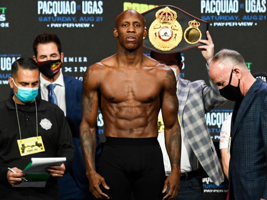 Yordenis Ugas of Cuba weighs-in before his fight against Manny Pacquiao