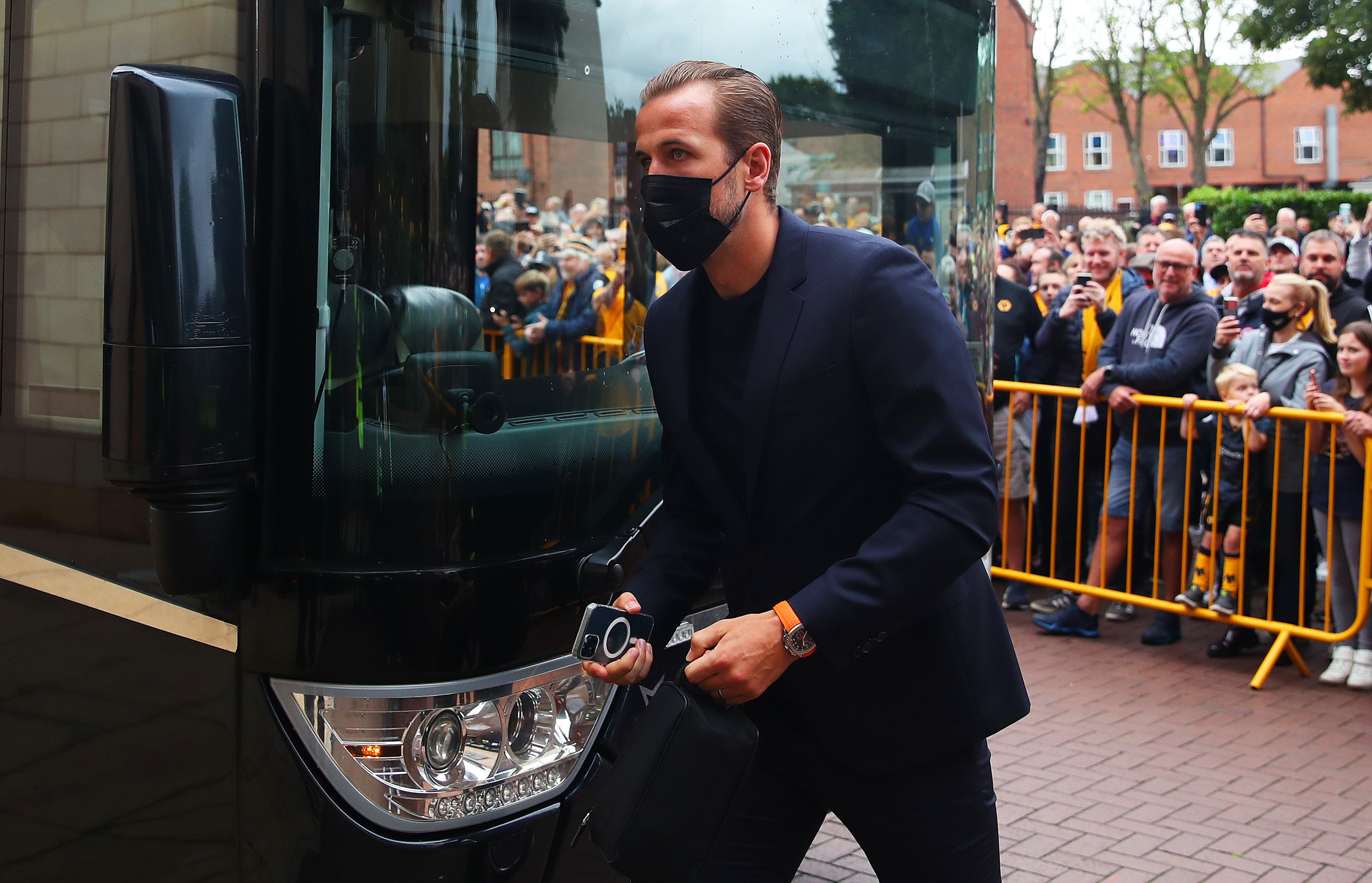 Tottenham striker Harry Kane arriving at the Molineux Stadium.