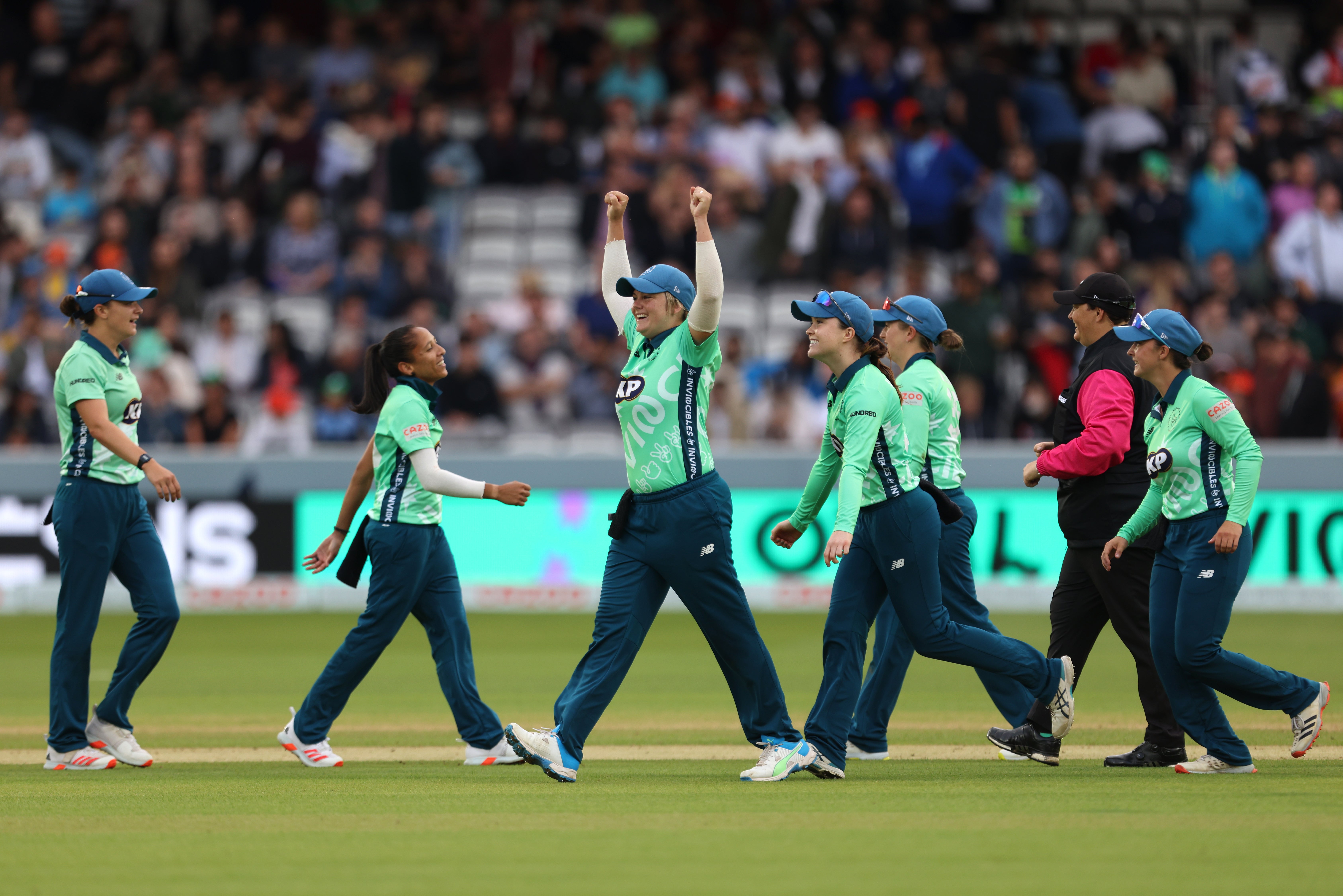 Oval Invincibles’ Dane van Niekerk (centre) celebrates victory in the women’s final of The Hundred at Lord’s watched by a crowd of 17,116 (Steven Paston/PA Wire).