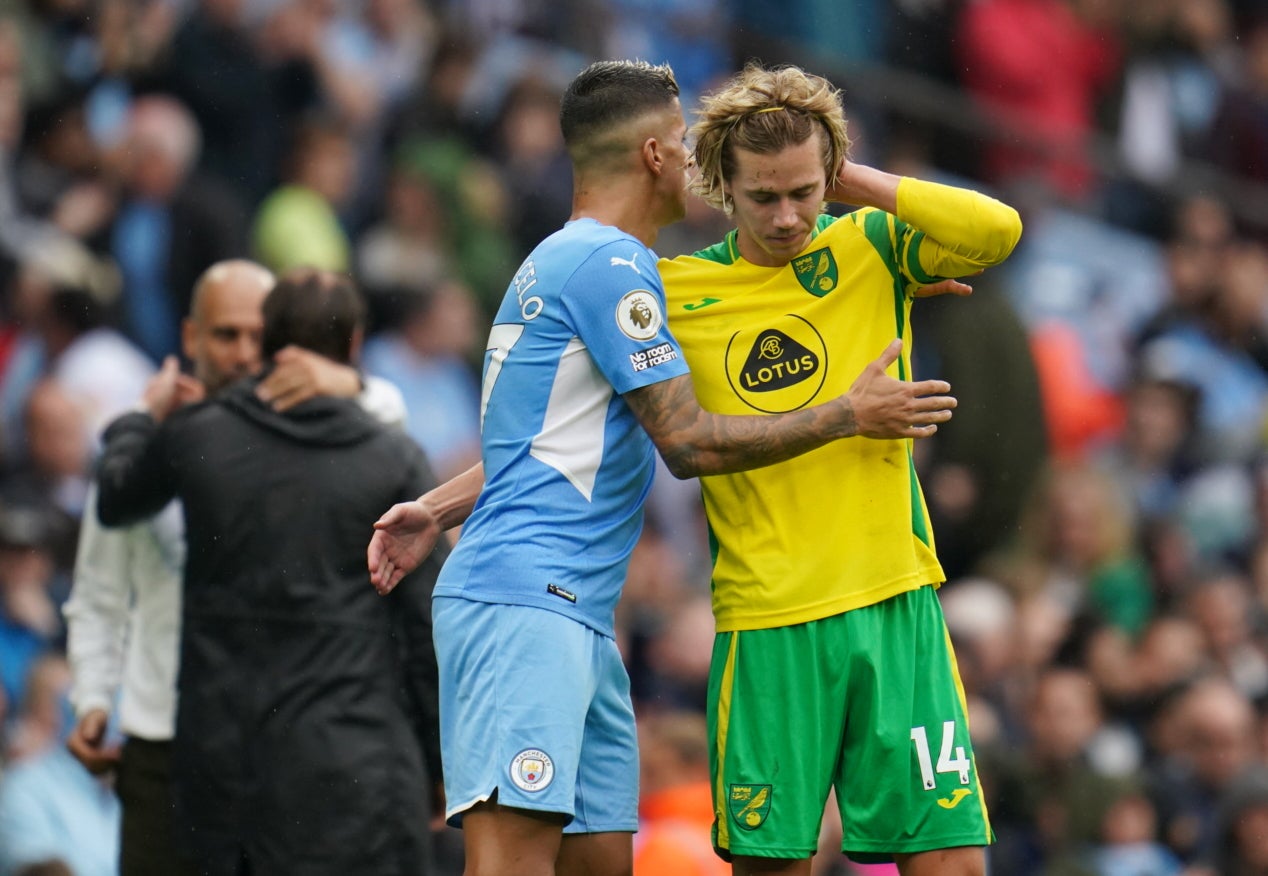 Todd Cantwell shows his disappointment after Norwich’s 5-0 defeat at Manchester City (Nick Potts/PA)