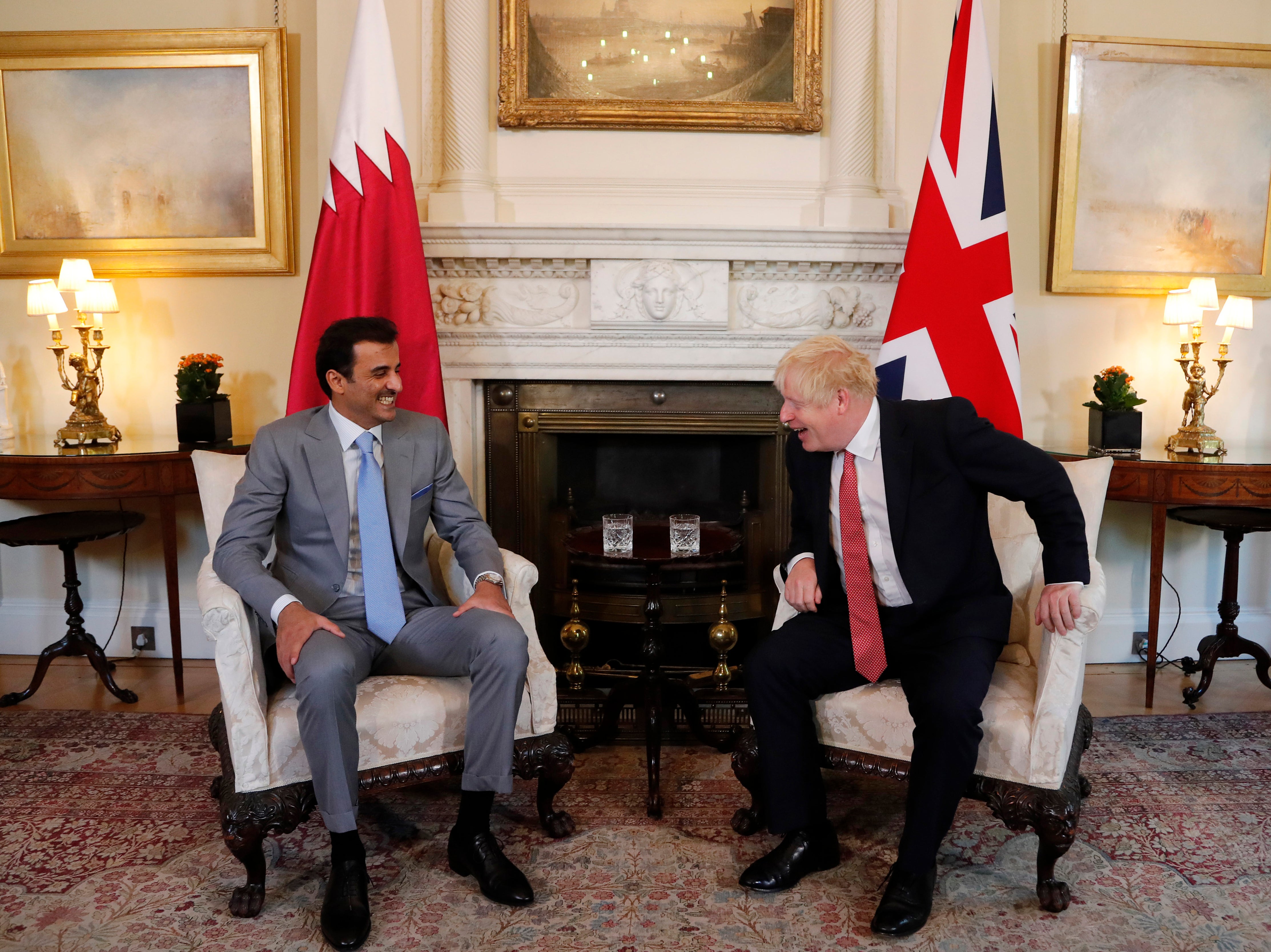 The PM (right) is pictured with Qatar’s ruler at Downing Street on 20 September 2019