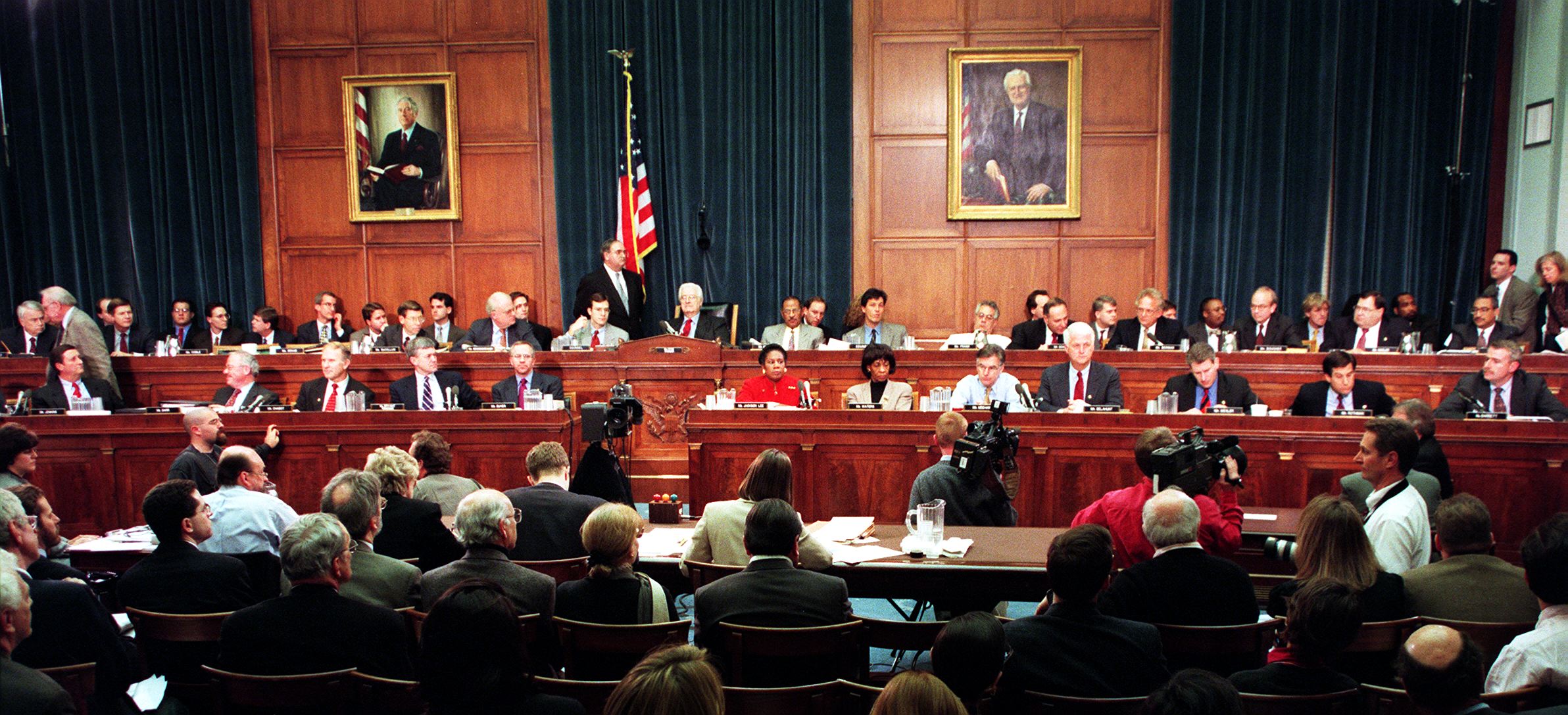 Members of the House Judiciary Committee discuss articles of impeachment against Bill Clinton on 11 December 1998 on Capitol Hill