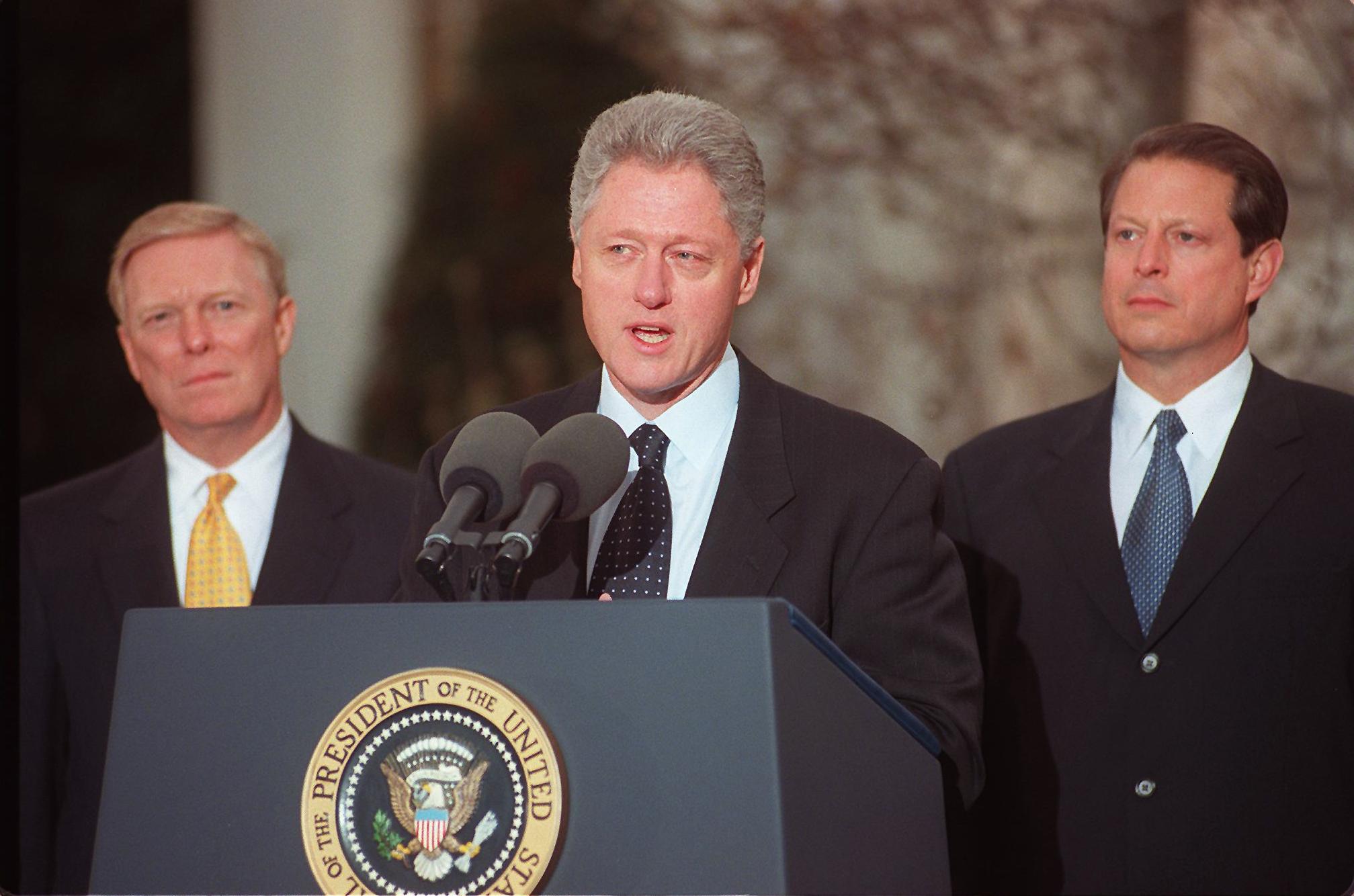 Bill Clinton addresses the nation on 19 December 1998 after the US House of Representatives impeached him on charges of perjury and obstruction of justice