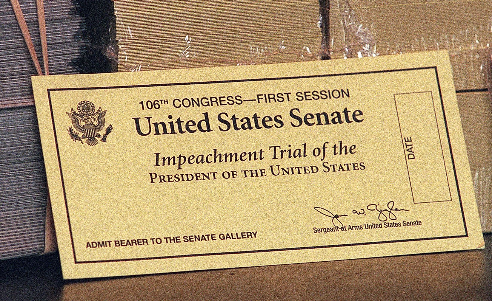 This photograph taken at the US Capitol Building on 6 January 1999 in Washington, DC shows an official ticket to watch the impeachment trial of Bill Clinton. Out of a total of 596 tickets, only 50 were available to the public. The tickets expired daily and had to be secured each day