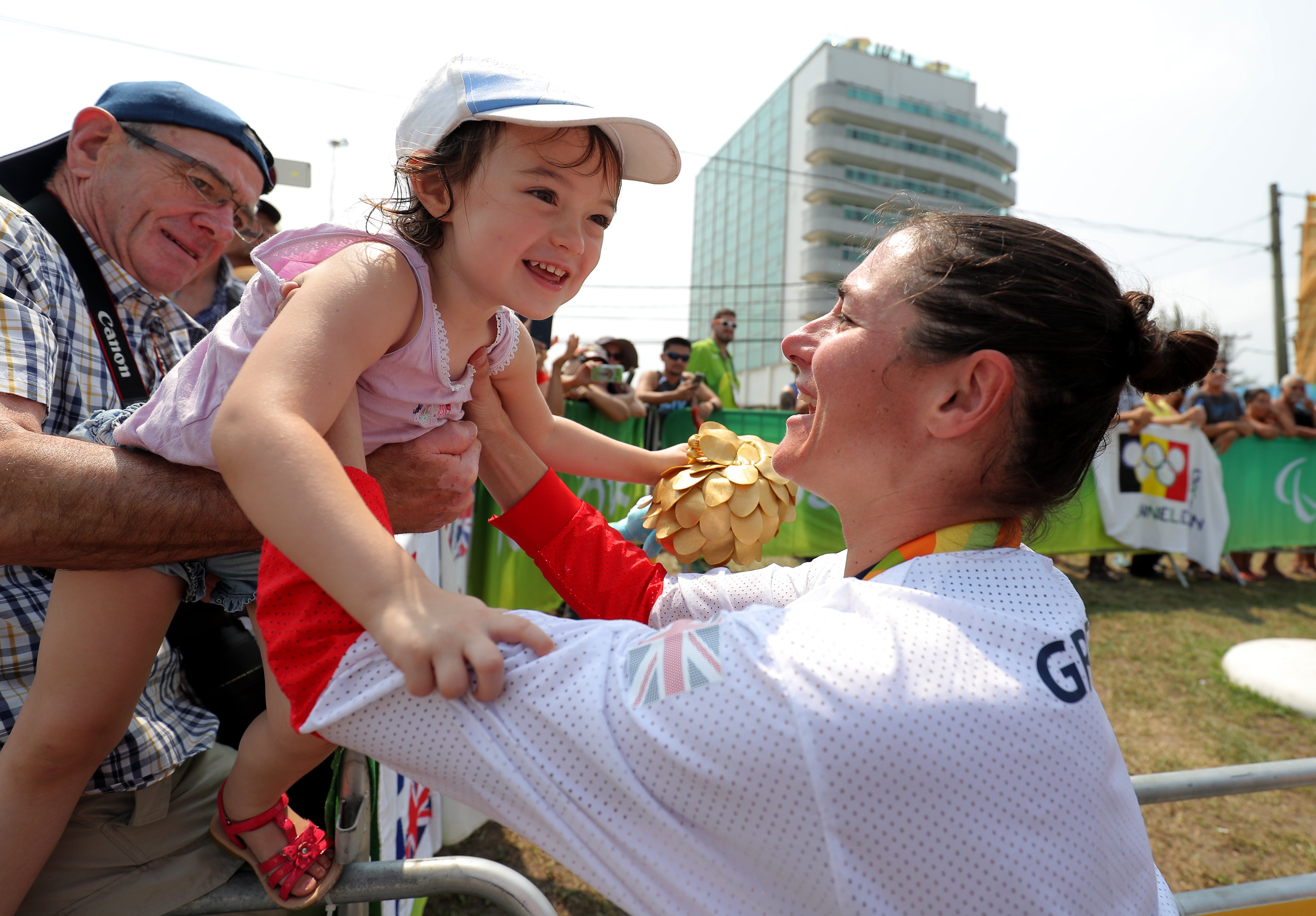 Dame Sarah Storey celebrates with daughter Louisa after winning gold at Rio 2016 (Andrew Matthews/PA)